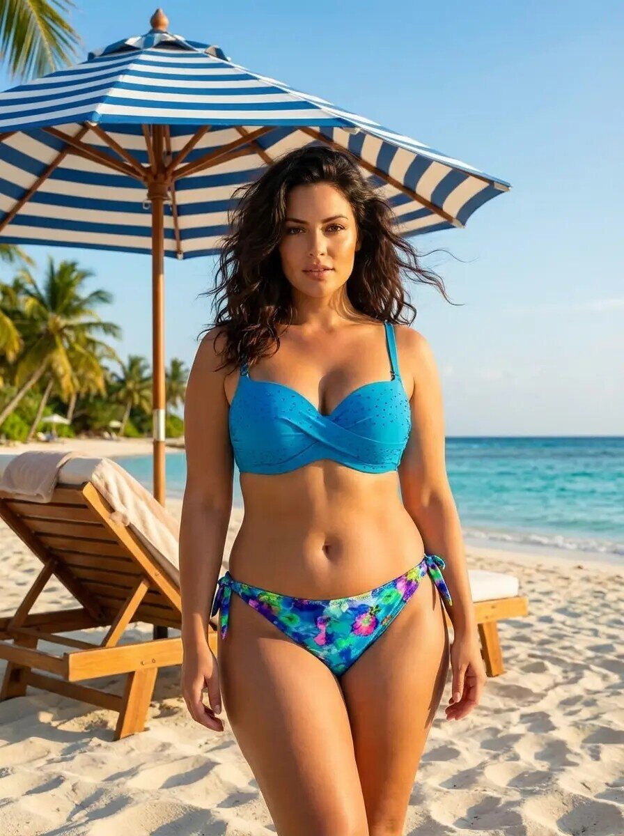Kadın Mavi Taş İşlemeli Desenli Astarlı Bikini Takım HZL25S-LC203