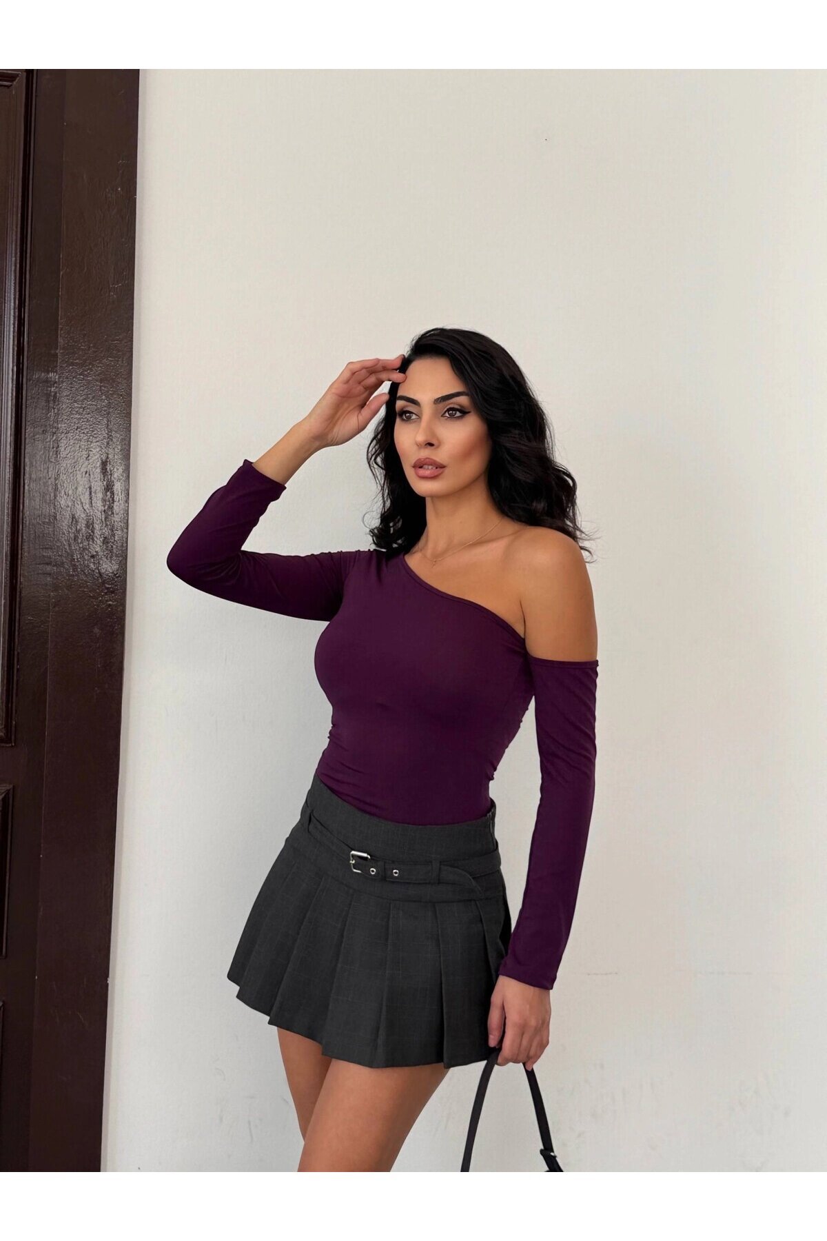 Kadın Mor Asimetrik Yaka Drapeli Sandy Bluz HZL25S-FRY123361