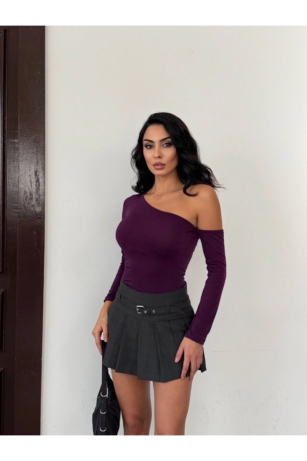 Kadın Mor Asimetrik Yaka Drapeli Sandy Bluz HZL25S-FRY123361