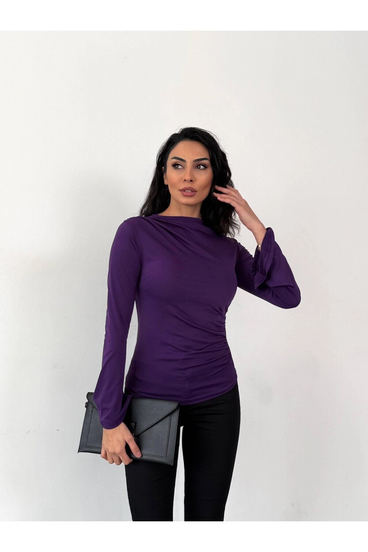 Kadın Mor Drape Detaylı İspanyol Kol Sany Bluz HZL25W-FRY123431