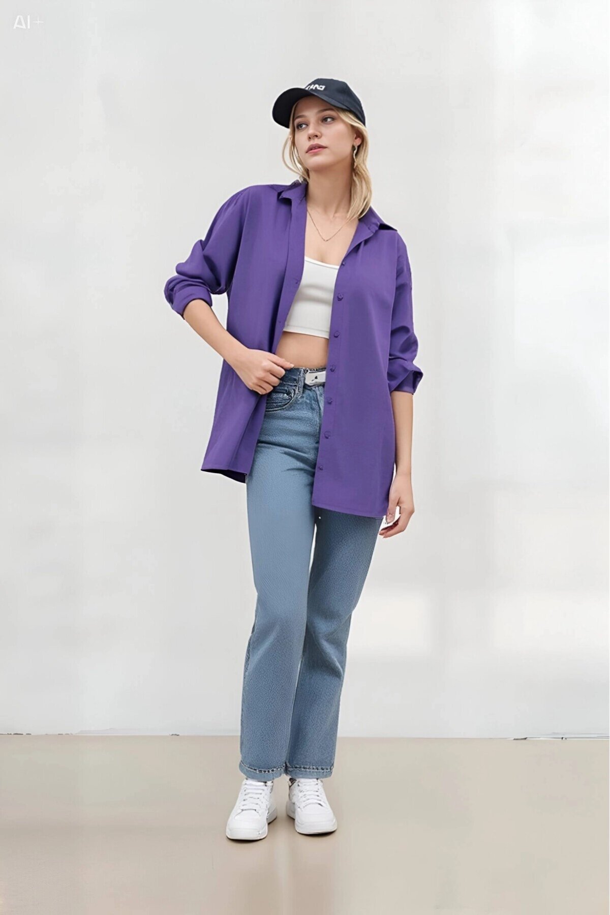 Kadın Mor Oversize Uzun Basic Gömlek Hzl22w-bd139001