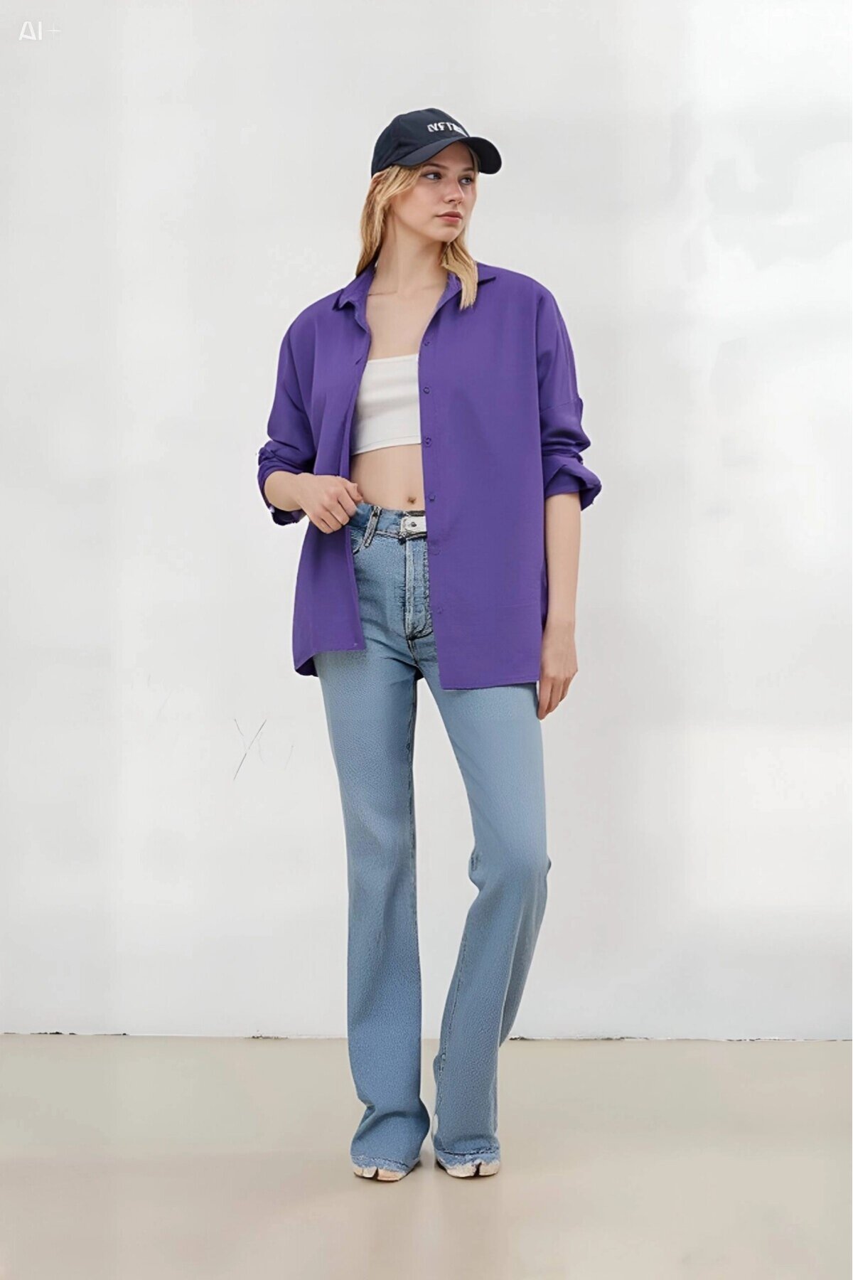 Kadın Mor Oversize Uzun Basic Gömlek Hzl22w-bd139001