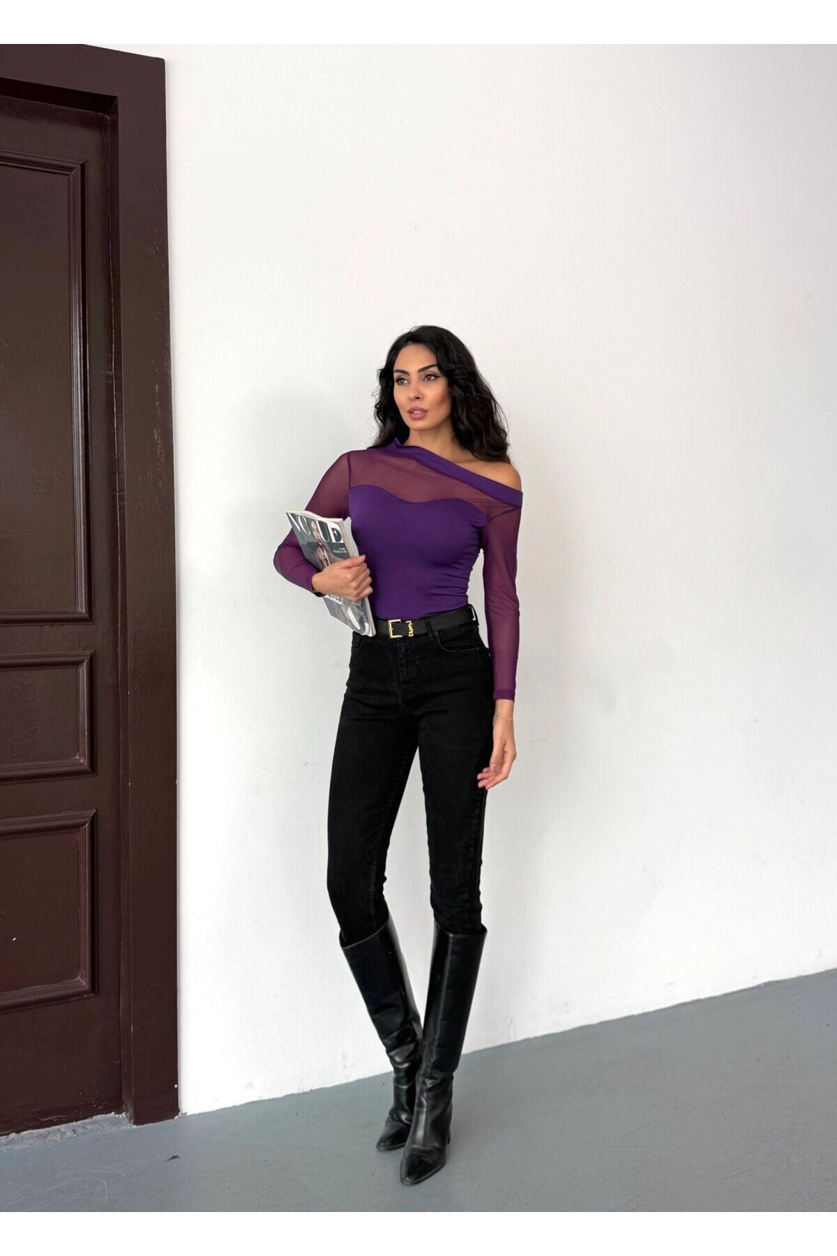 Kadın Mor Tül Garnili Uzun Kol Şık Rahat Bluz HZL25W-FRY123541