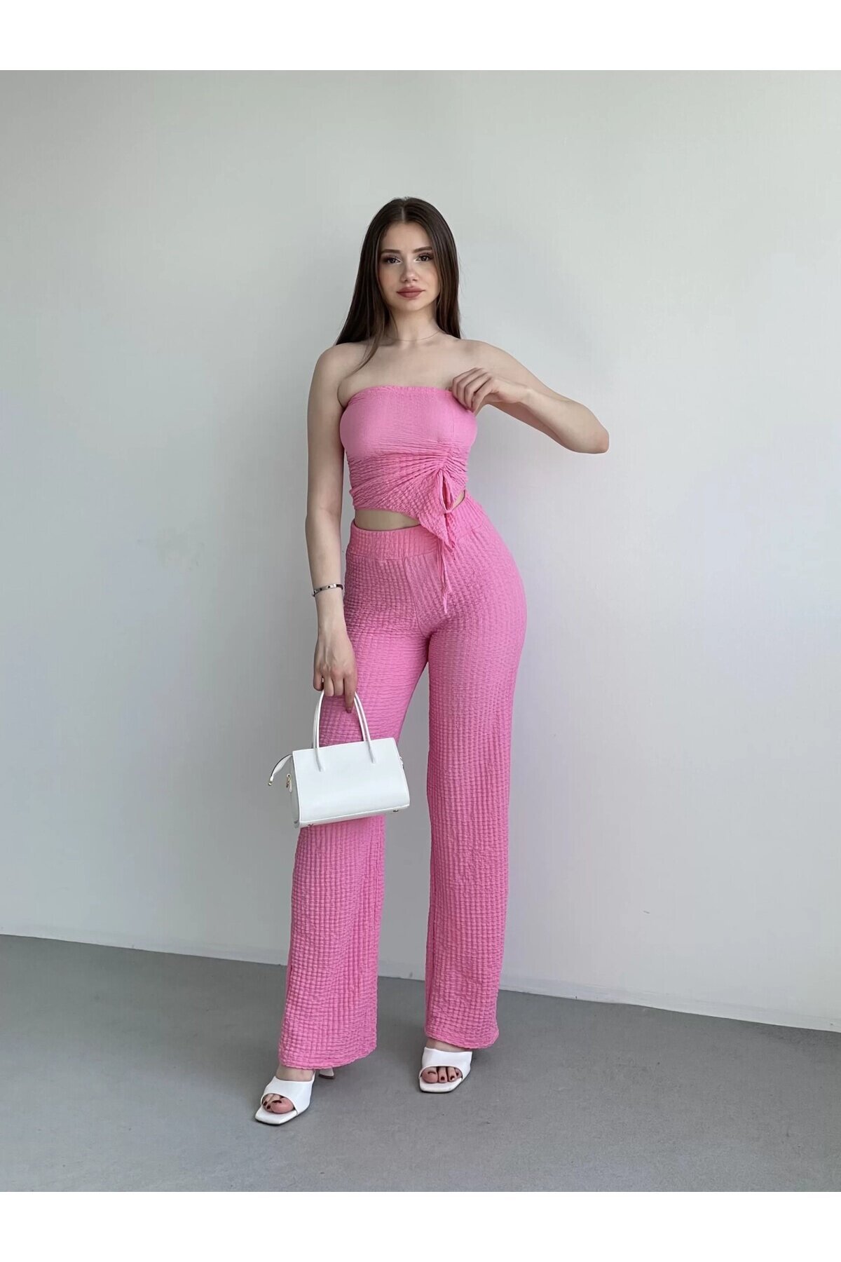 Kadın Pembe Beli Lastilkli Gofre Kumaş Pantolon HZL24S-ZK13261