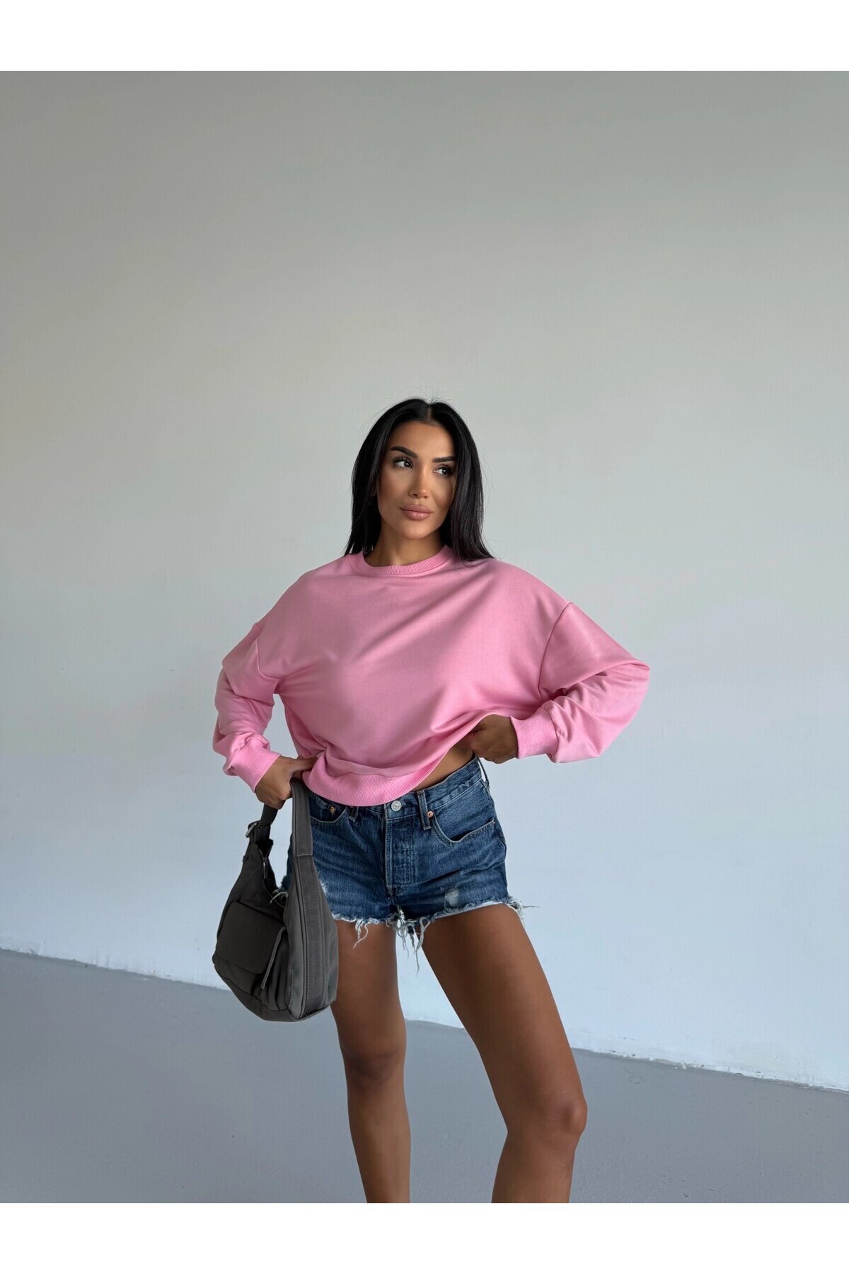 Kadın Pembe Bisiklet Yaka 2 İplik Sweatshirt HZL25W-FRY123391