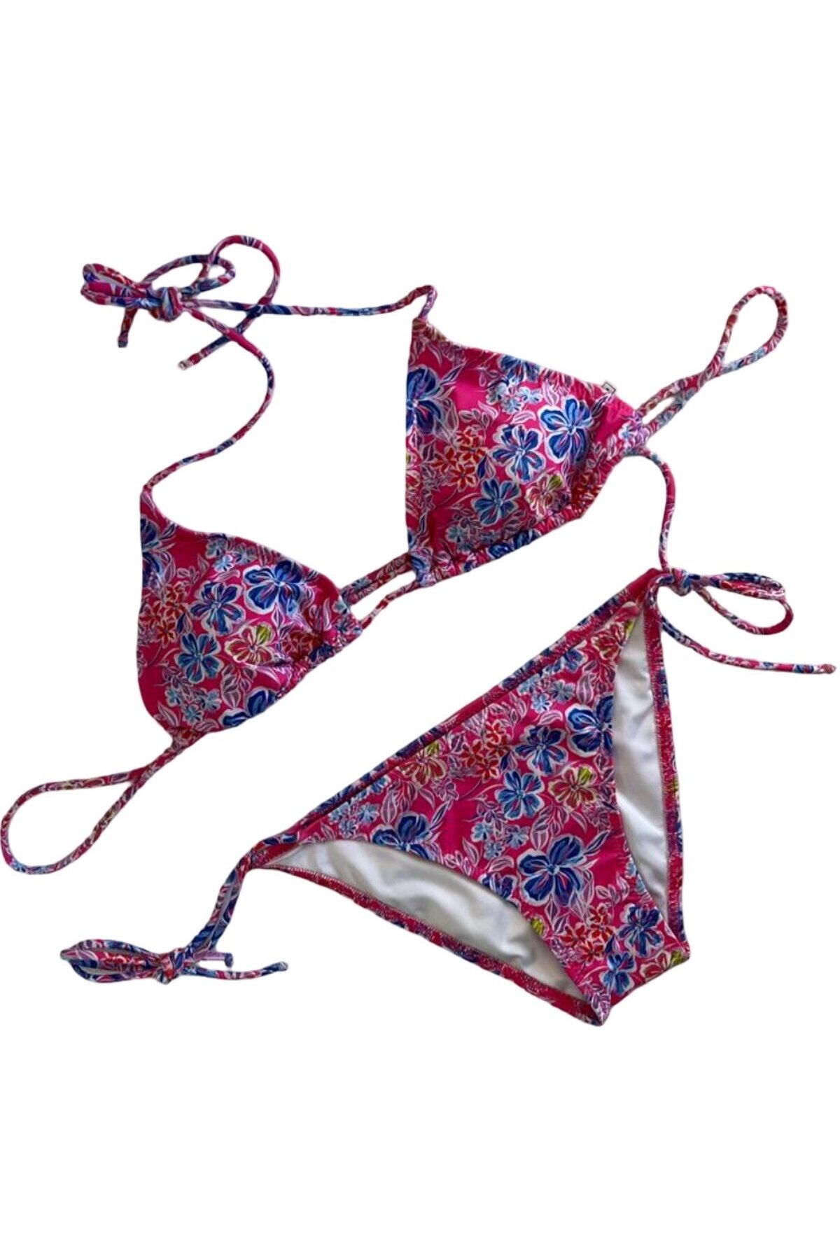 Kadın Pembe Çiçek Desenli Boyundan İp Bağlamalı Üçgen Bikini Takımı HZL25S-LC5005