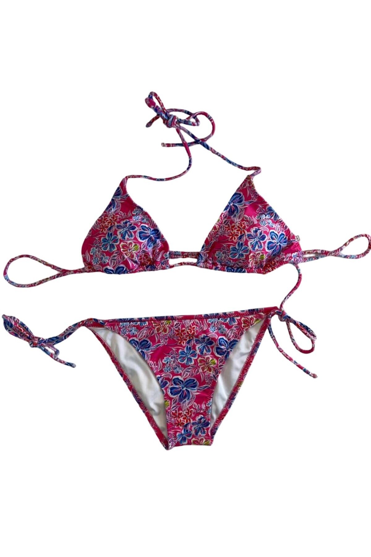 Kadın Pembe Çiçek Desenli Boyundan İp Bağlamalı Üçgen Bikini Takımı HZL25S-LC5005