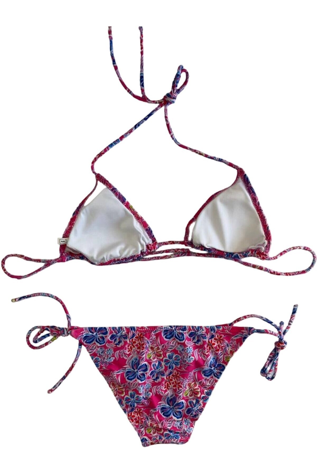 Kadın Pembe Çiçek Desenli Boyundan İp Bağlamalı Üçgen Bikini Takımı HZL25S-LC5005