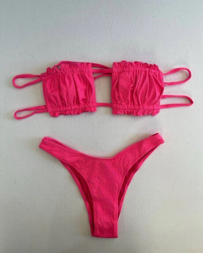 Kadın Pembe İp Bağlamalı Büzgülü Straplez Bikini Takım HZL25S-LC2226