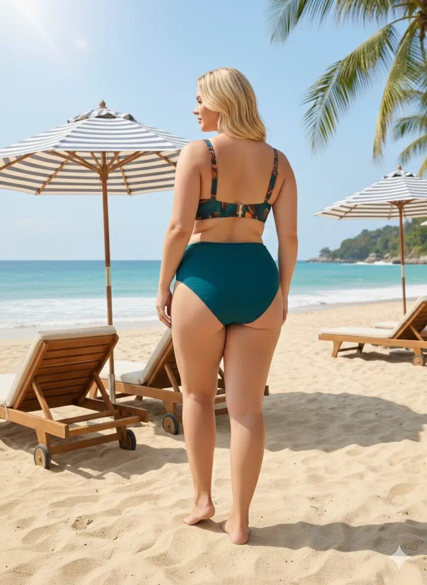 Kadın Petrol Yeşili Çiçek Desenli Astarlı Büyük Beden Bikini Takımı HZL25S-LC24108