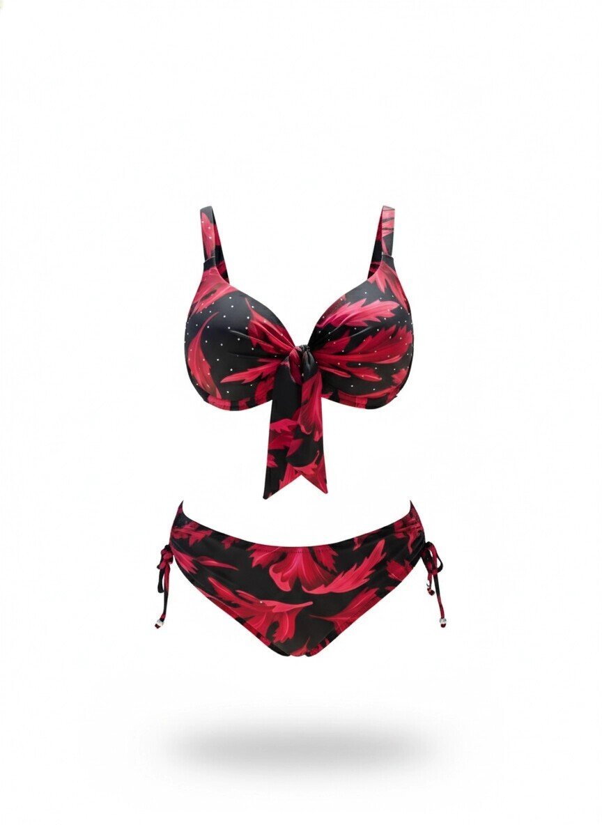Kadın Siyah Bordo Taş İşlemeli Büyük Beden Bikini Takım HZL25S-LC3337