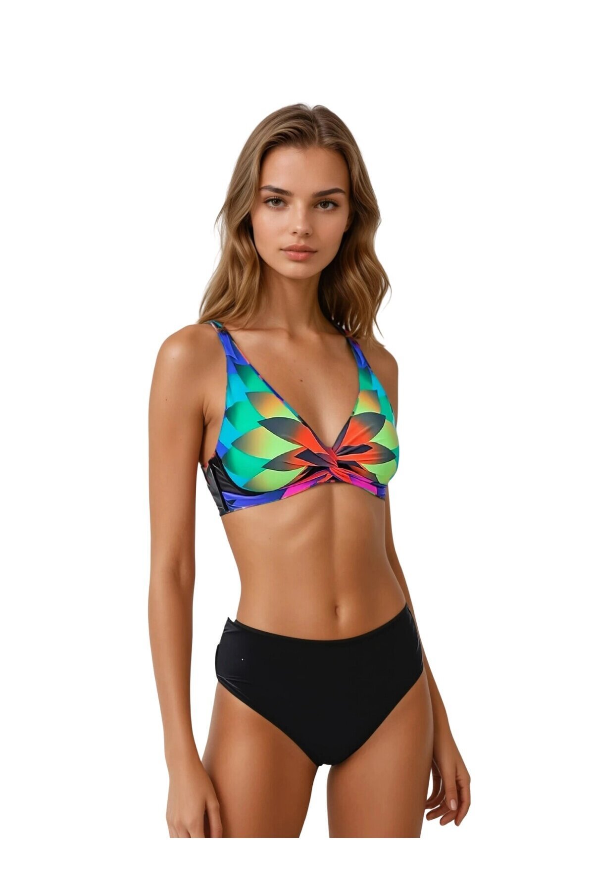 Kadın Siyah Çok Renkli Yüksel Bel Astarlı Bikini Takımı HZL25S-LC22315