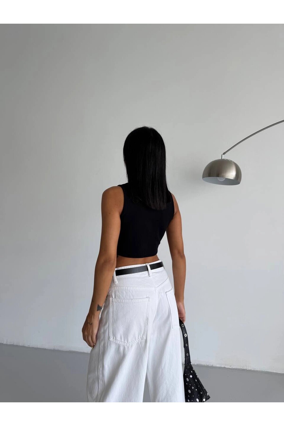Kadın Siyah Fitilli Kaşkorse Crop Bluz HZL25S-FRY123171