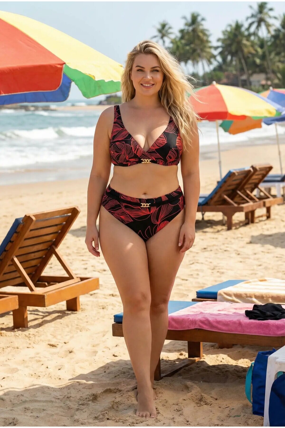 Kadın Siyah Kırmızı Aksesuar Detaylı Astarlı Büyük Beden Bikini Takımı HZL25S-LC25147