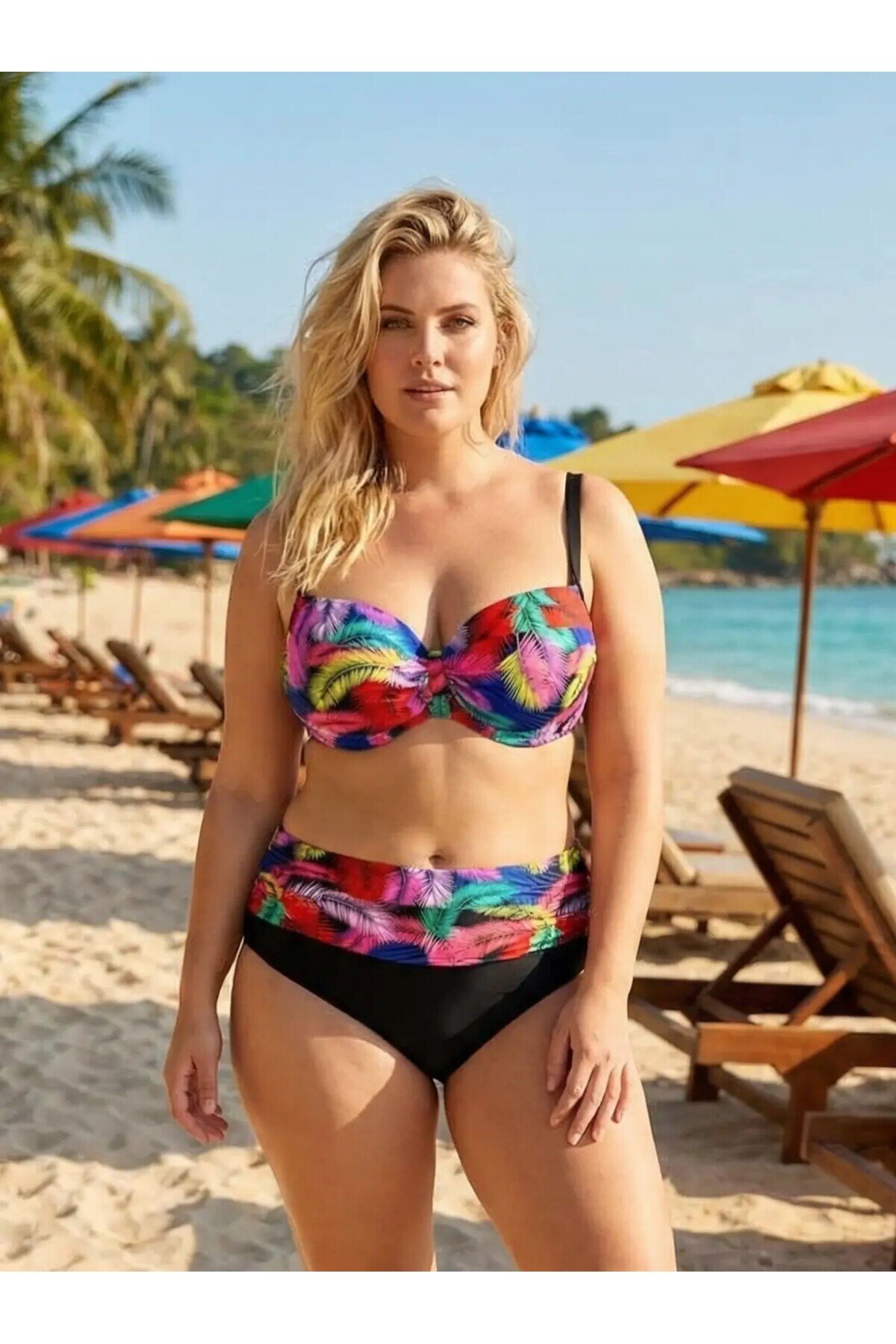 Kadın Siyah Sarı Kırmızı Çok Renk Desenli  Astarlı Büyük Beden Bikini Takımı HZL25S-LC06