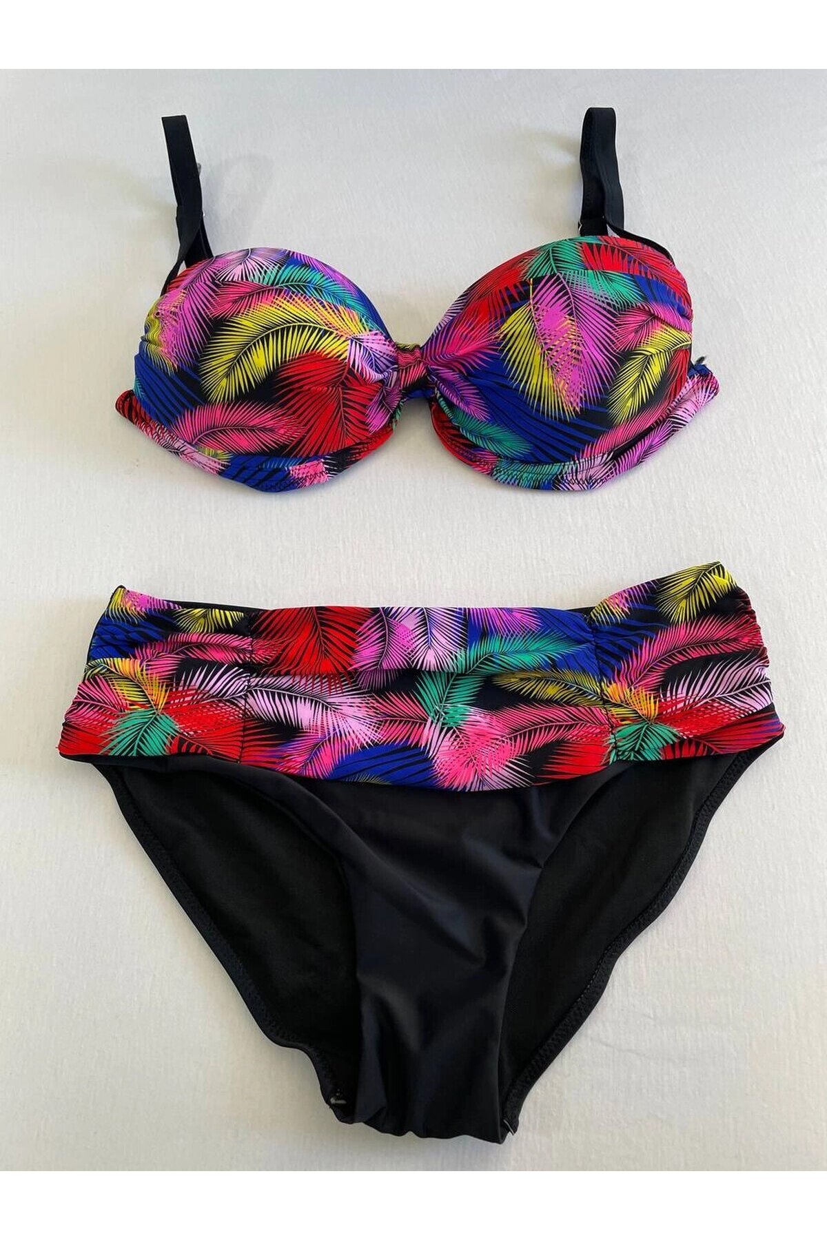 Kadın Siyah Sarı Kırmızı Çok Renk Desenli  Astarlı Büyük Beden Bikini Takımı HZL25S-LC06