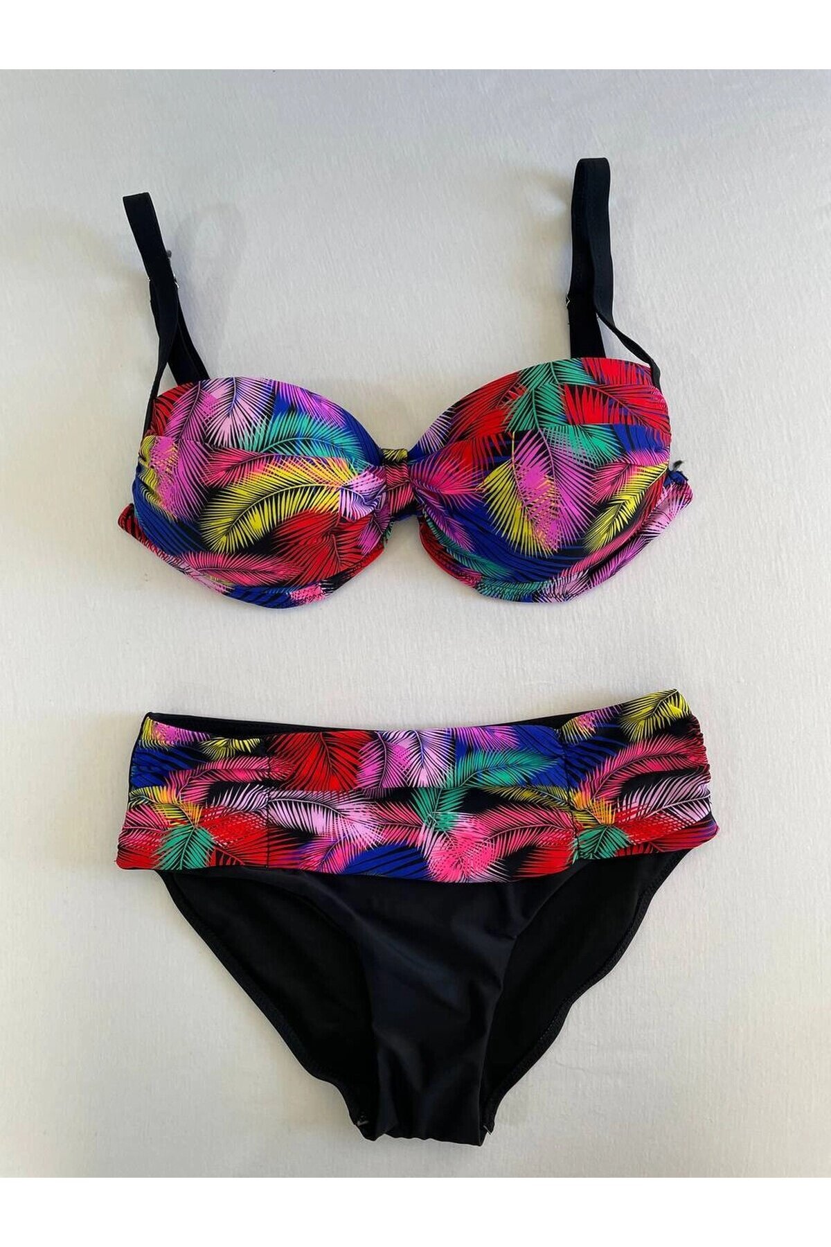 Kadın Siyah Sarı Kırmızı Çok Renk Desenli  Astarlı Büyük Beden Bikini Takımı HZL25S-LC06