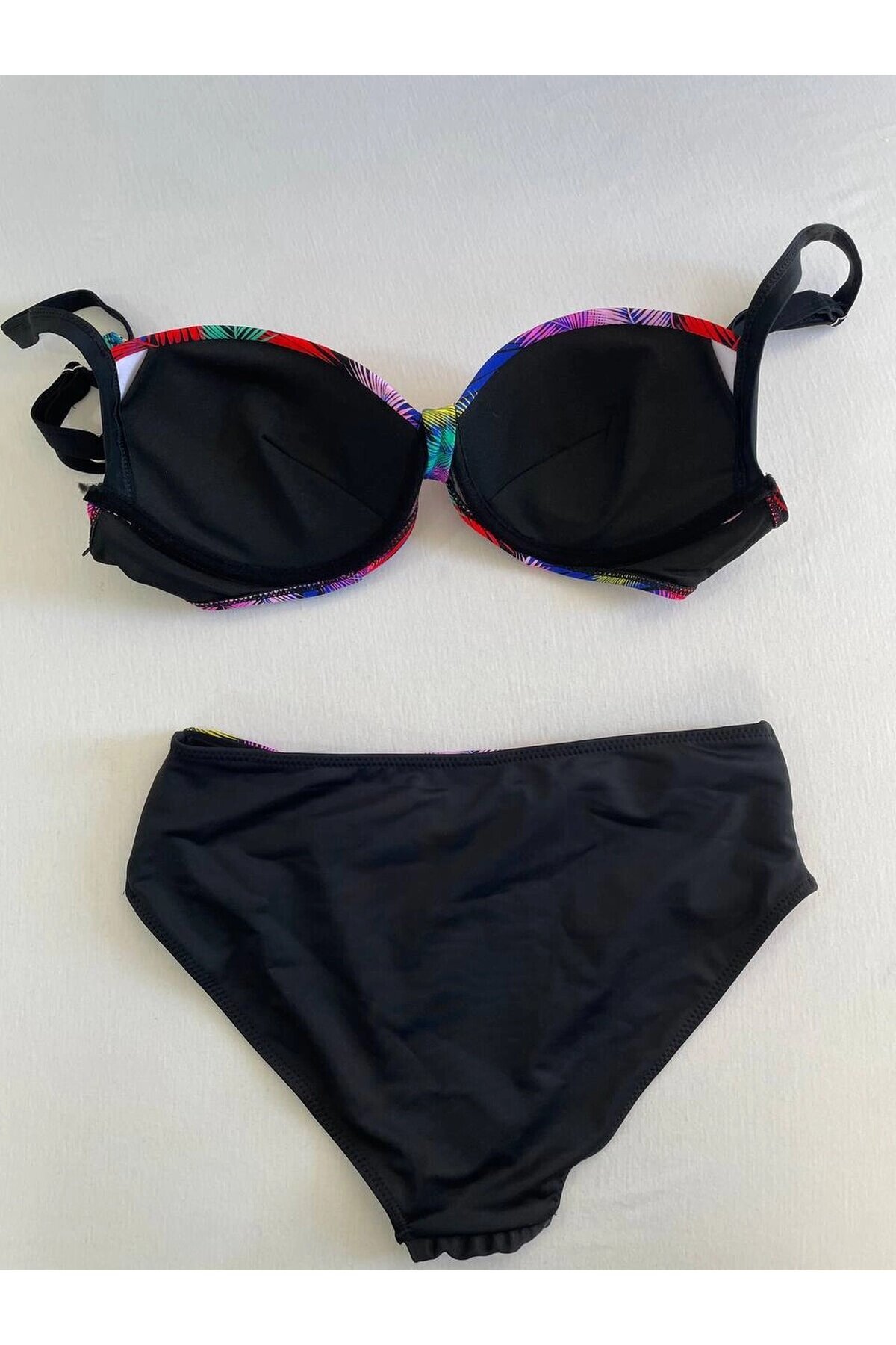 Kadın Siyah Sarı Kırmızı Çok Renk Desenli  Astarlı Büyük Beden Bikini Takımı HZL25S-LC06