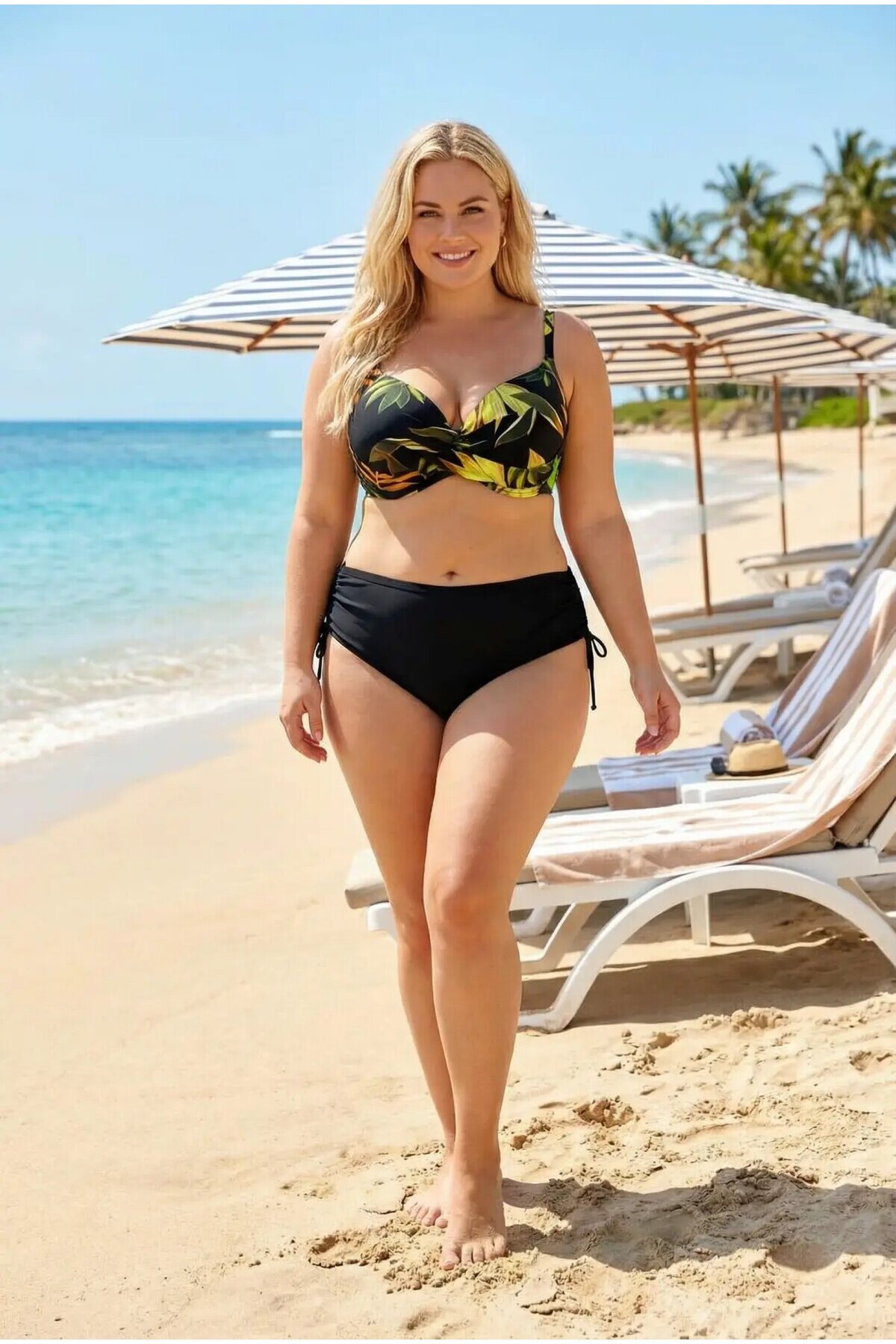 Kadın Siyah Sarı Yaprak Desenli Büyük Beden Astarlı Bikini Takımı HZL26S-LC25153
