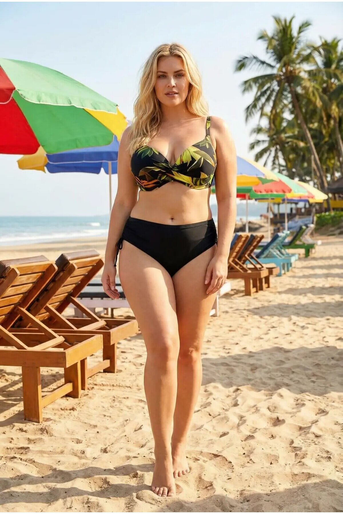 Kadın Siyah Sarı Yaprak Desenli Büyük Beden Astarlı Bikini Takımı HZL26S-LC25153