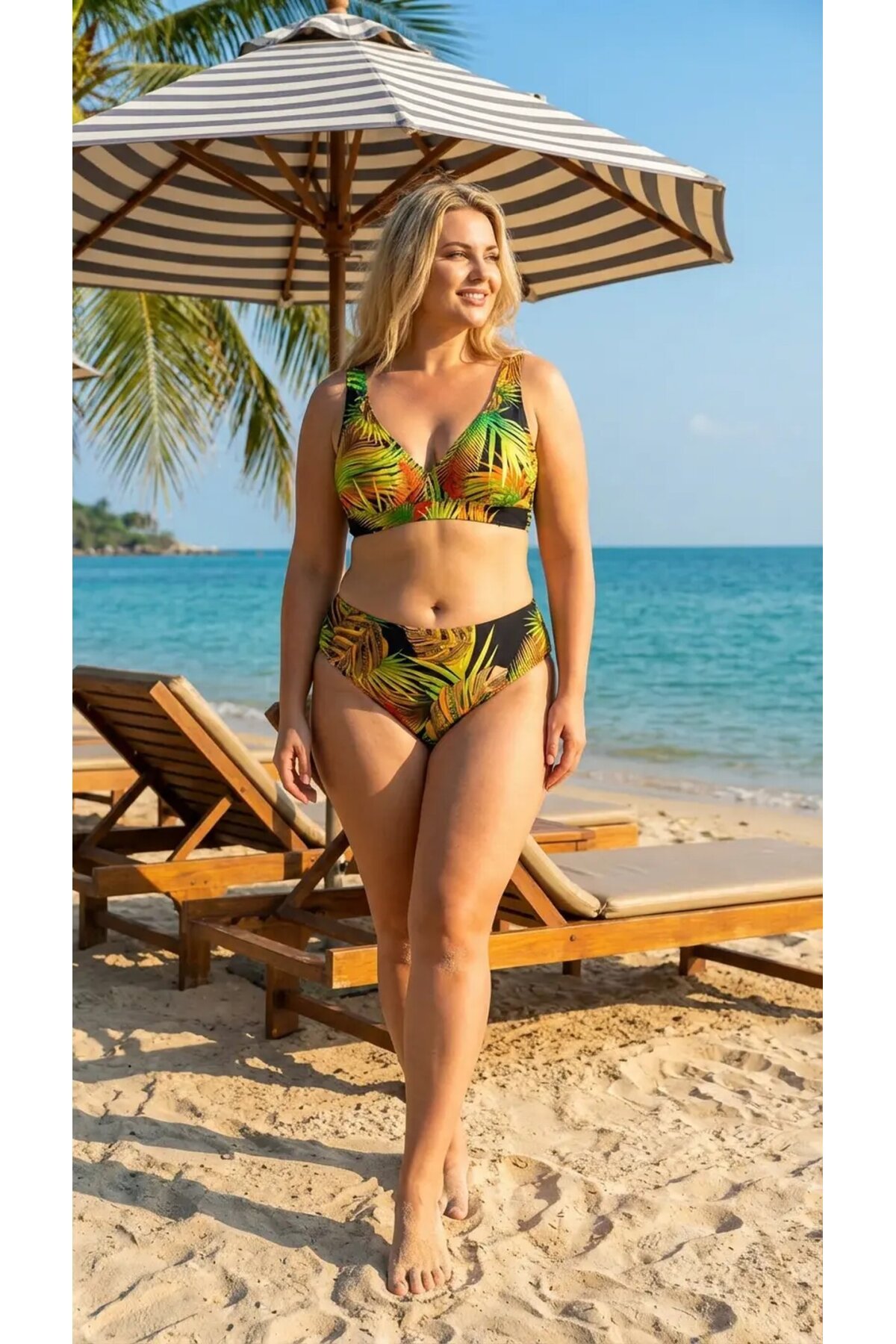 Kadın Siyah Sarı Yaprak Desenli Büyük Beden Astarlı Bikini Takımı HZL26S-LC25152-1