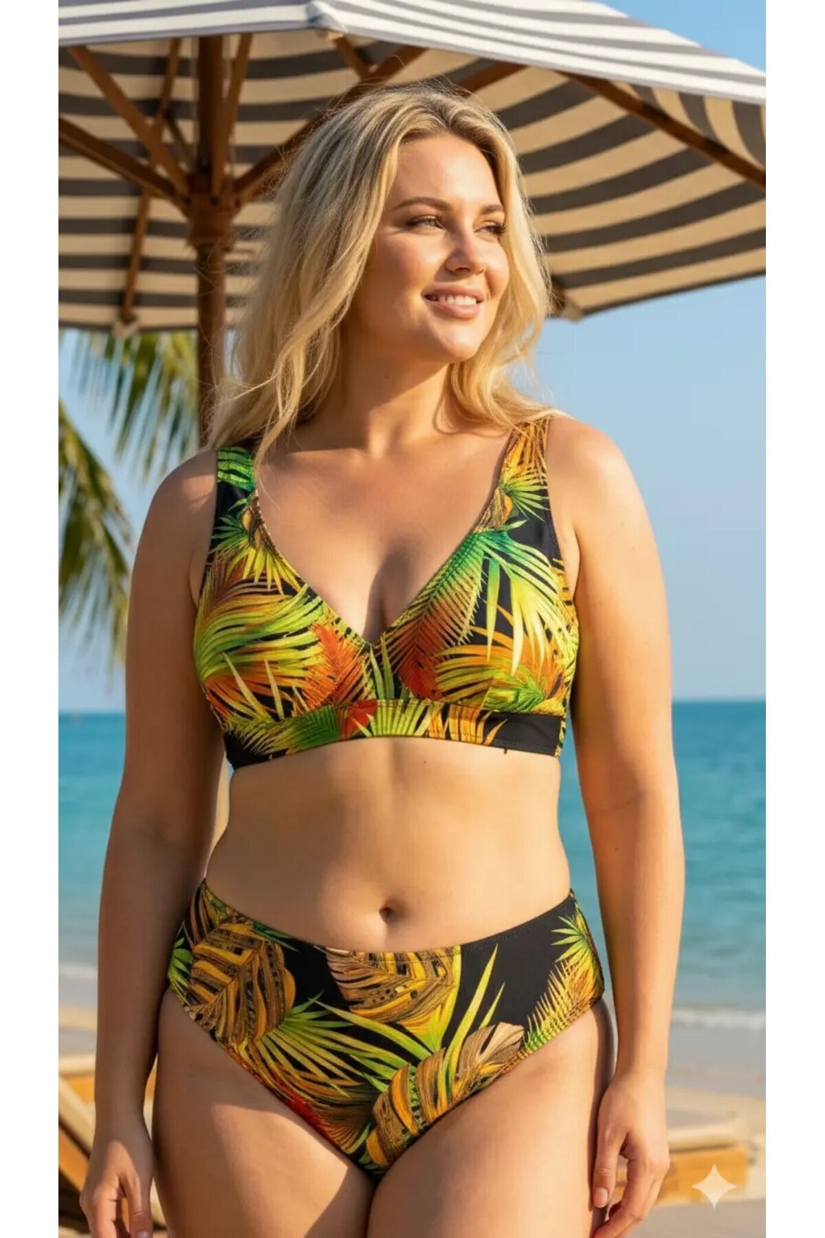 Kadın Siyah Sarı Yaprak Desenli Büyük Beden Astarlı Bikini Takımı HZL26S-LC25152-1