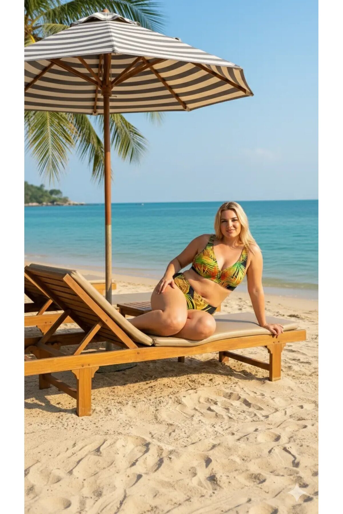 Kadın Siyah Sarı Yaprak Desenli Büyük Beden Astarlı Bikini Takımı HZL26S-LC25152-1