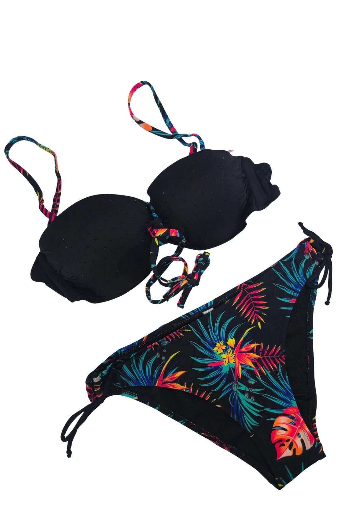 Kadın Siyah Taş İşlemeli Desenli Astarlı Bikini Takım HZL25S-LC209