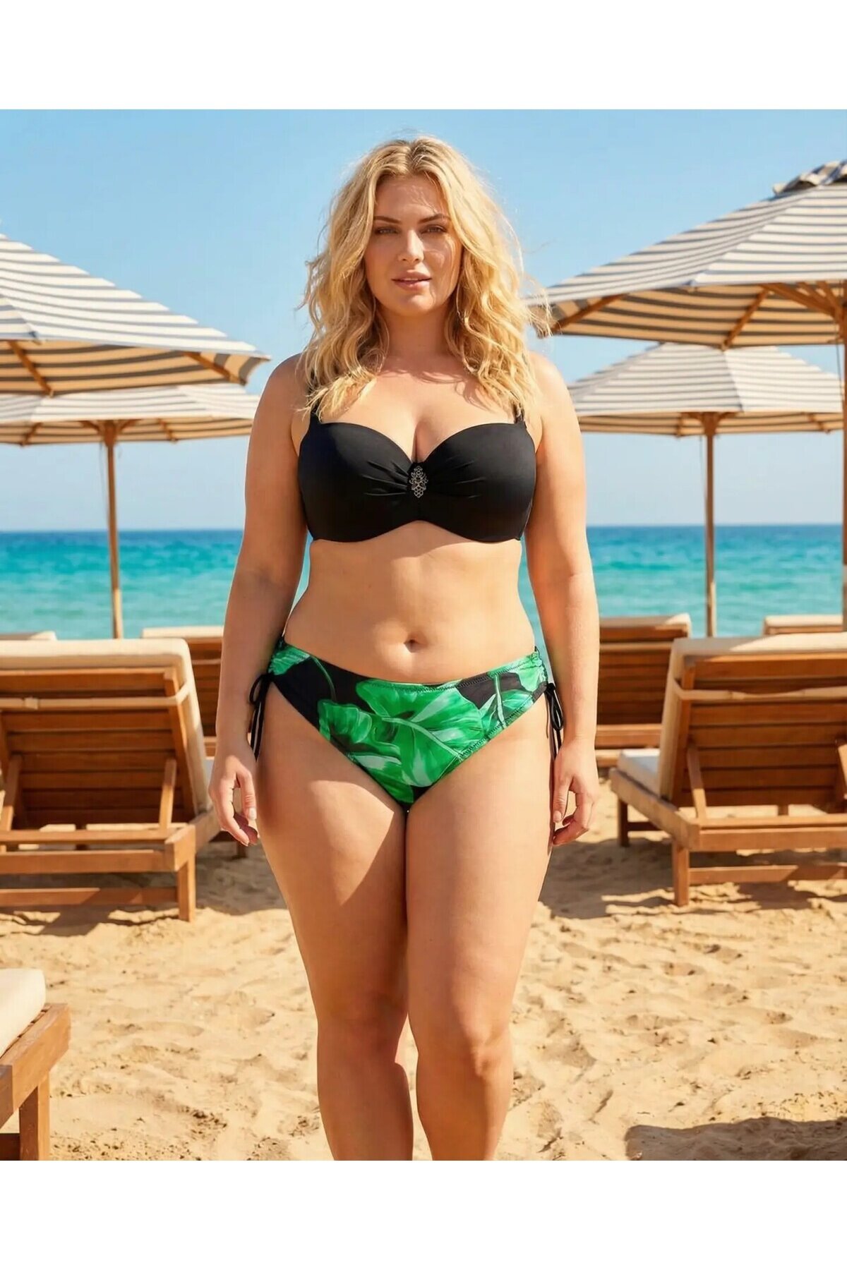 Kadın Siyah Toka Detaylı Yeşil Desen Bikini Takım HZL25S-LC3352