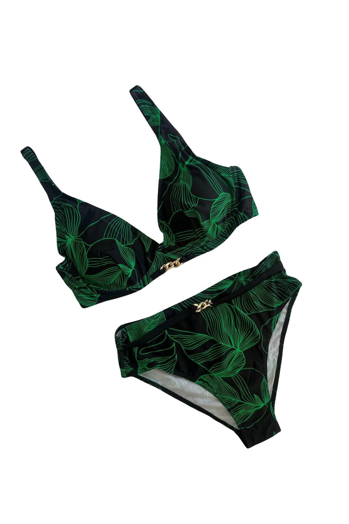 Kadın Siyah Yeşil Aksesuar Detaylı Astarlı Büyük Beden Bikini Takımı HZL25S-LC25147