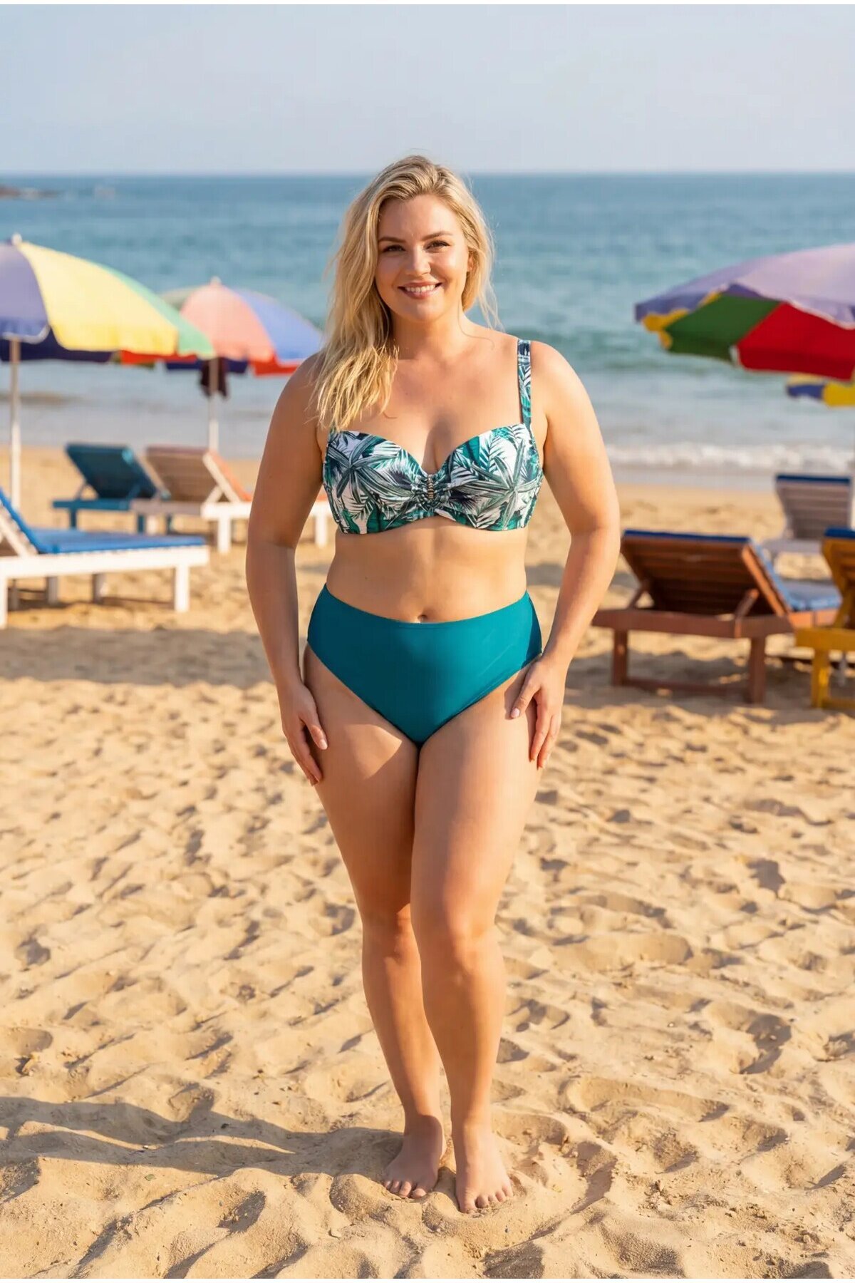 Kadın Turkuaz Desenli Yüksel Bel Astarlı Büyük Beden Bikini Takımı HZL25S-LC24200-1