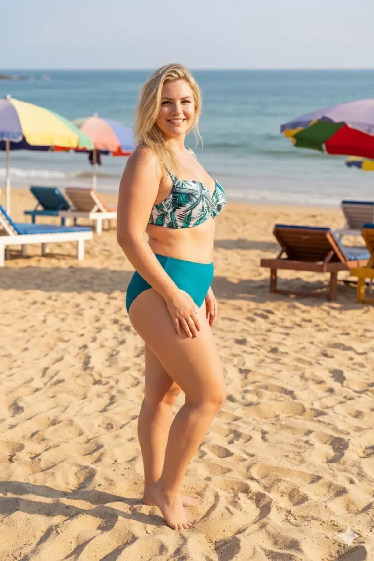 Kadın Turkuaz Desenli Yüksel Bel Astarlı Büyük Beden Bikini Takımı HZL25S-LC24200-1