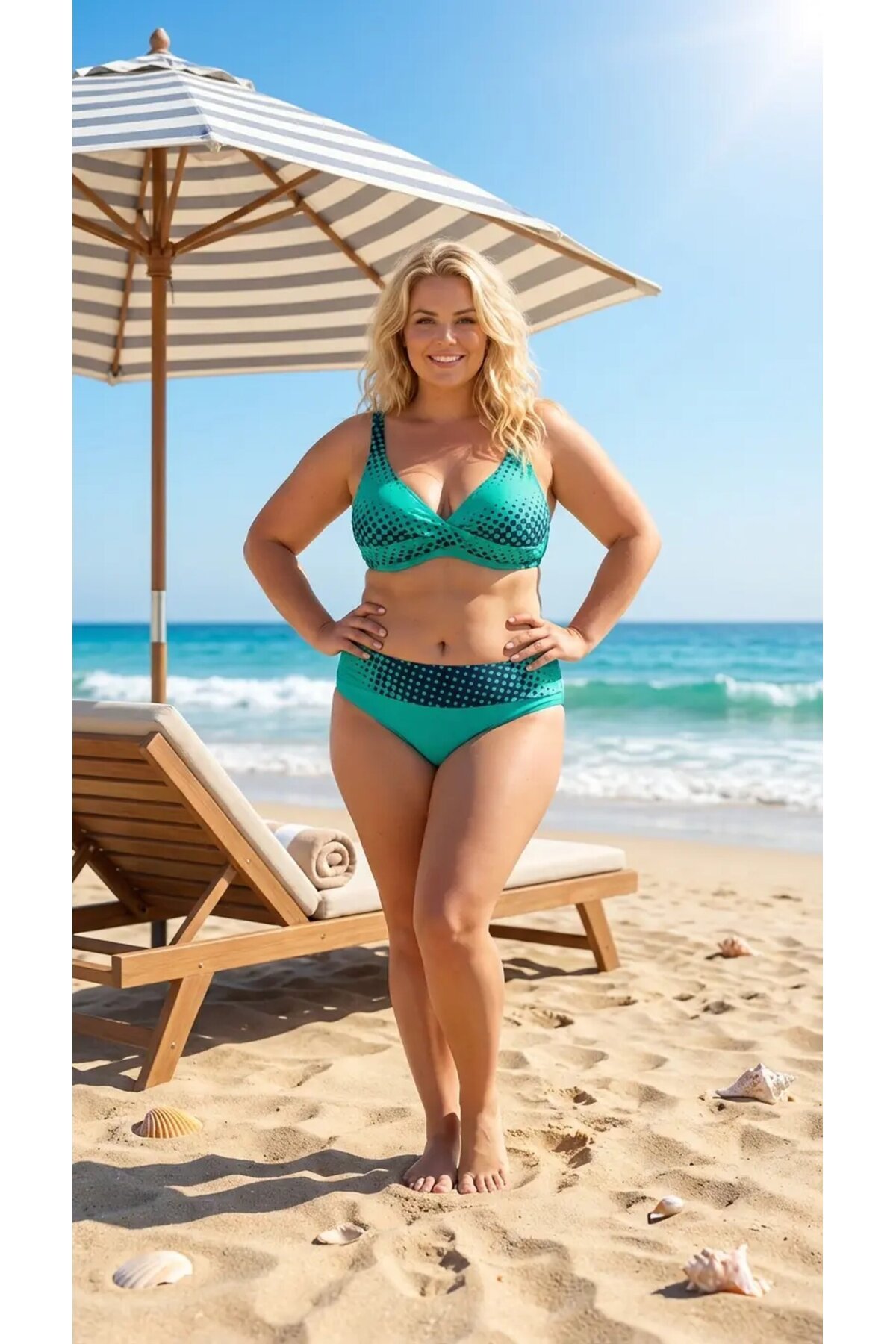 Kadın Yeşil Lacivert Puantiyeli Büyük Beden Astarlı Bikini Takım HZL26S-LC21202-6