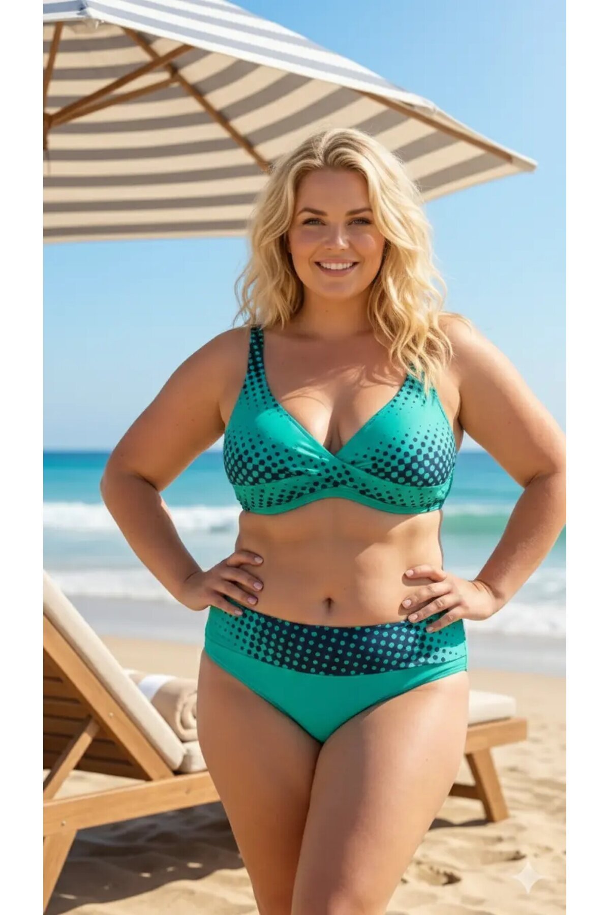 Kadın Yeşil Lacivert Puantiyeli Büyük Beden Astarlı Bikini Takım HZL26S-LC21202-6