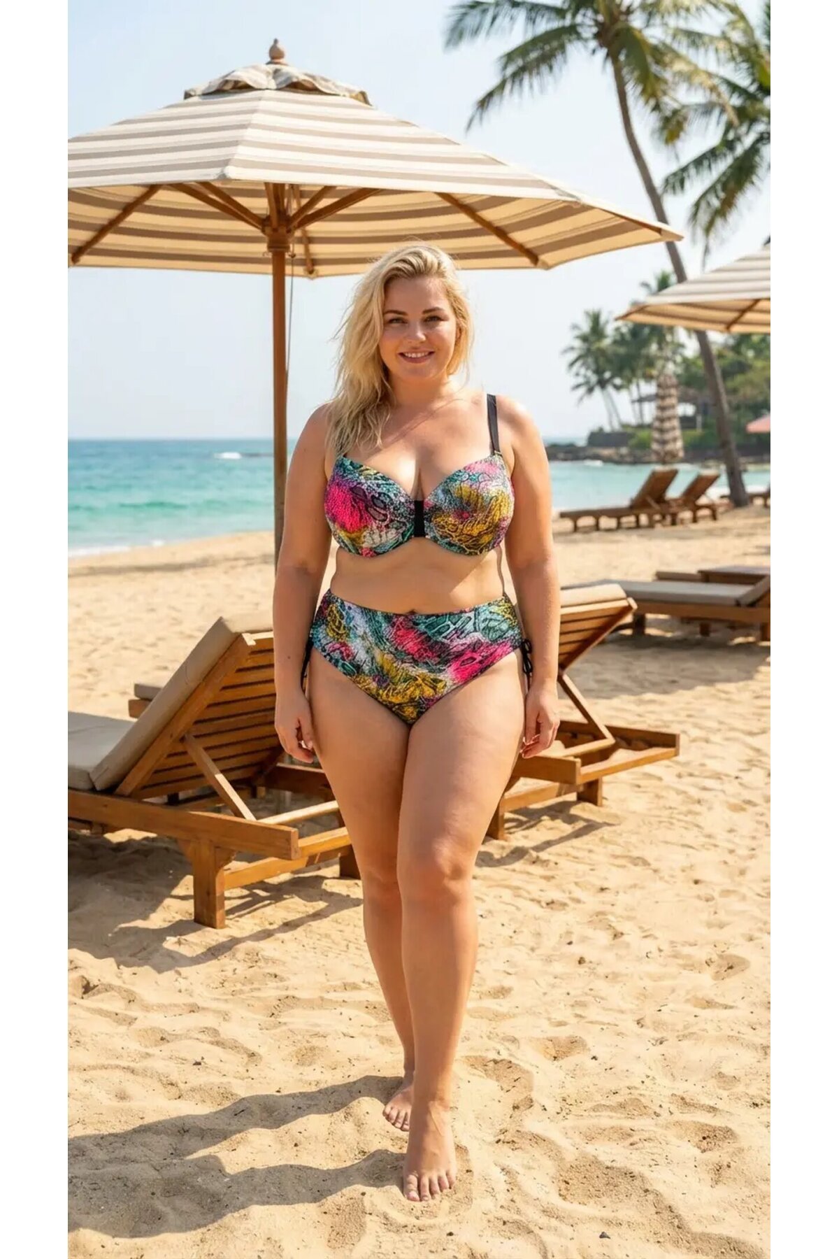 Kadın Yeşil Pembe Leopar Desenli Astarlı Büyük Beden Bikini Takımı HZL26S-LC506