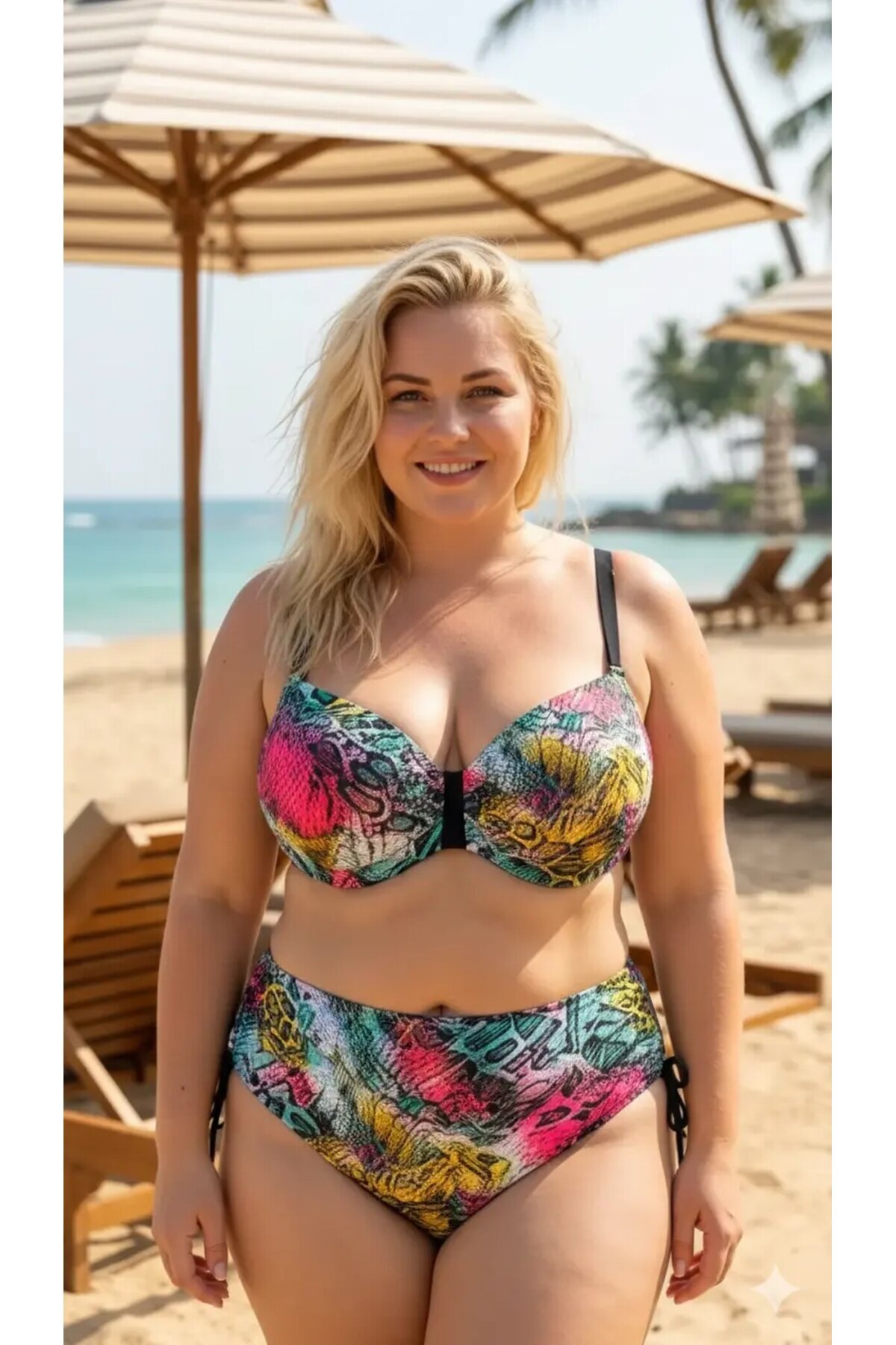 Kadın Yeşil Pembe Leopar Desenli Astarlı Büyük Beden Bikini Takımı HZL26S-LC506
