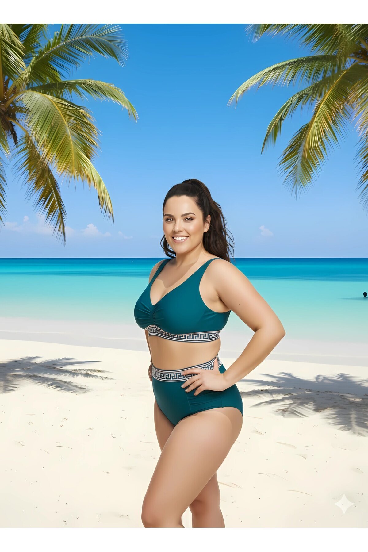 Kadın Yeşil Yüksek Bel Şerit Detaylı Destekli Büyük Beden Bikini Takımı HZL25S-LC201