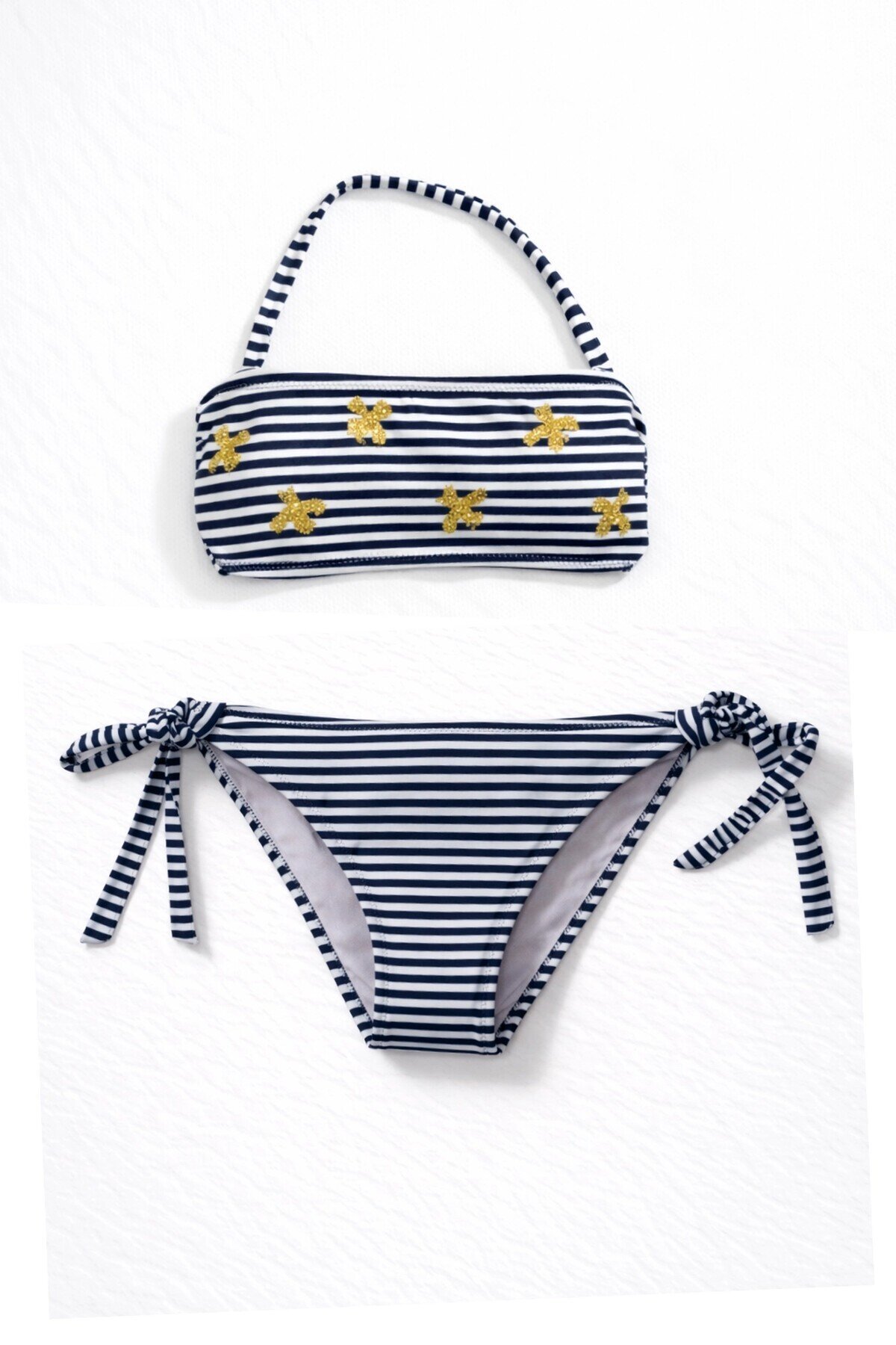 Kız Çocuk Lacivert Beyaz Çizgili Arı Çıkartmalı 4-12 Yaş Straplez Bikini Takım HZL24S-LC3228