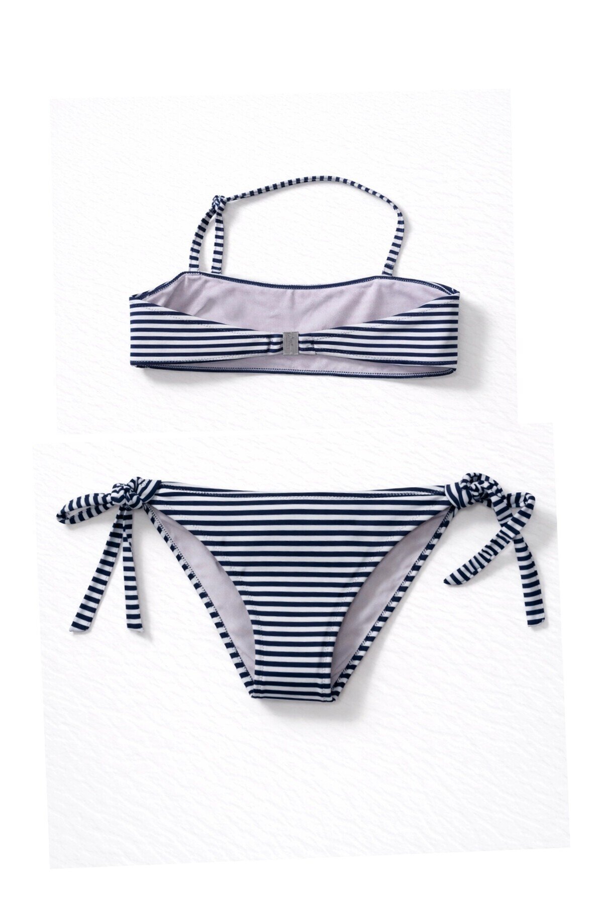 Kız Çocuk Lacivert Beyaz Çizgili Arı Çıkartmalı 4-12 Yaş Straplez Bikini Takım HZL24S-LC3228