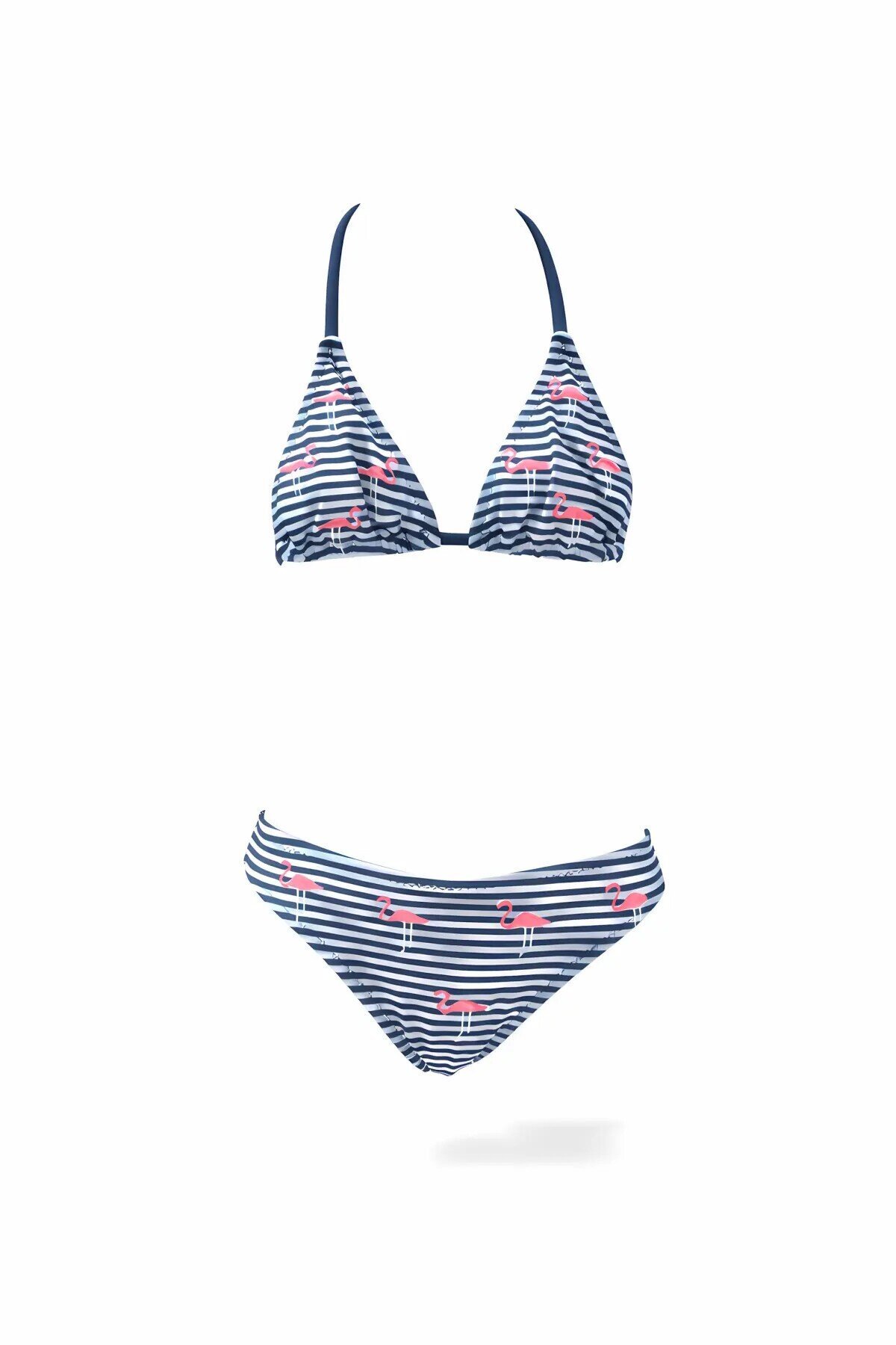 Kız Çocuk Lacivert Beyaz Çizgili Flamingo Desenli  4-12 Yaş Üçgen Bikini Takım HZL24S-LC171