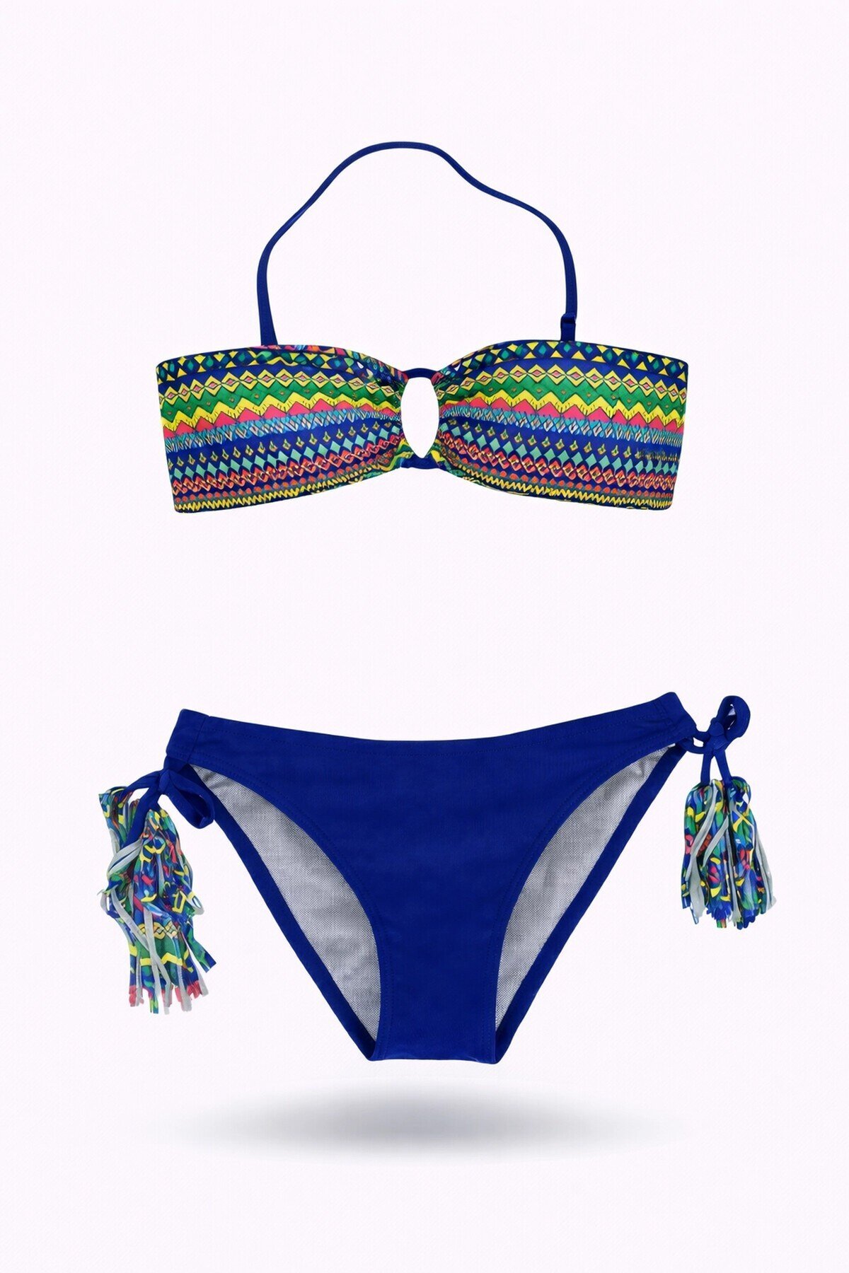 Kız Çocuk Mavi Çok Renkli  İp Detaylı Astarlı 4-12 Yaş Üçgen Bikini Takım HZL24S-LC1904
