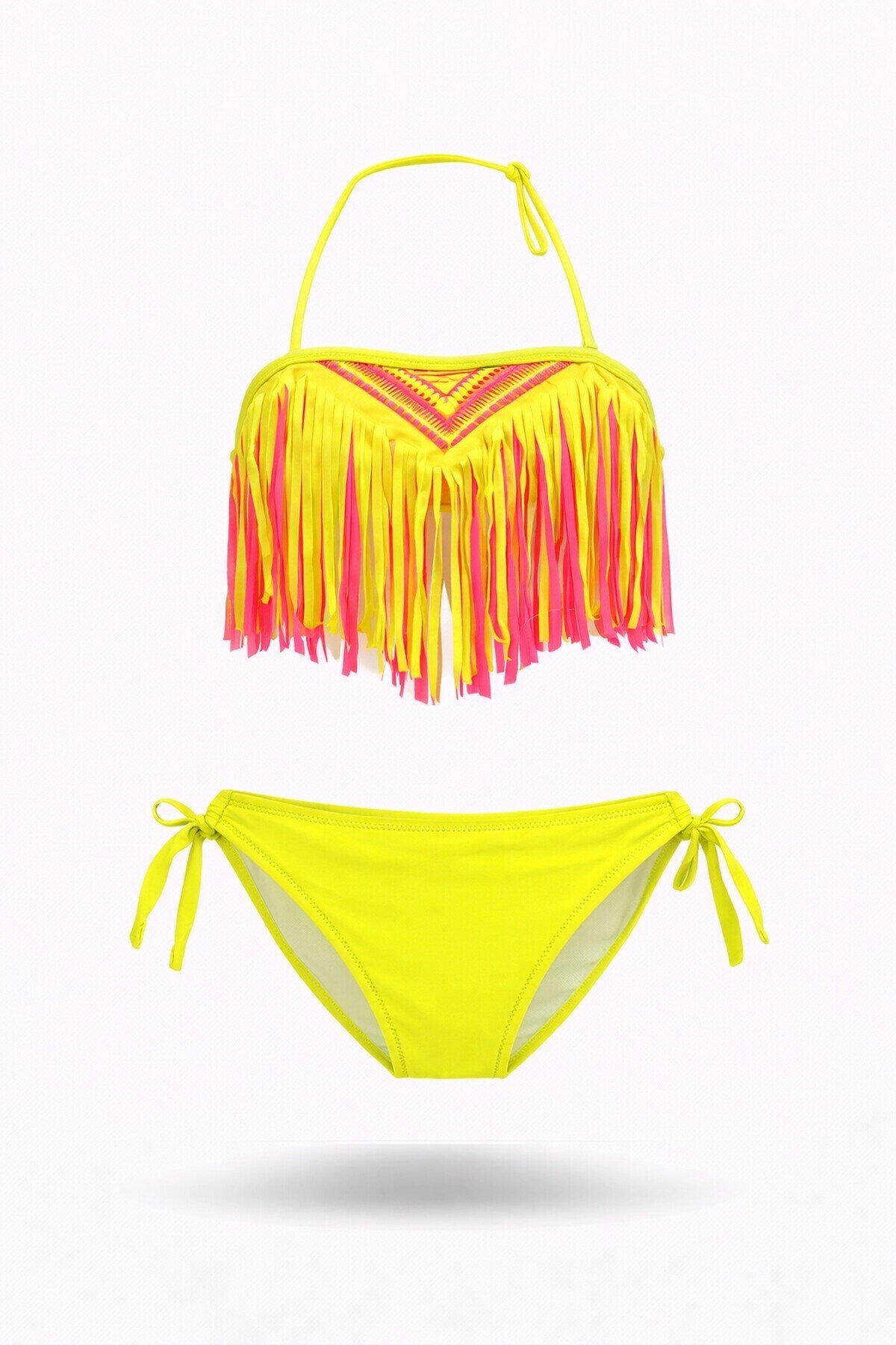 Kız Çocuk Neon Sarı Püsküllü Astarlı Bikini Takımı 4-12 Yaş  HZL26S-LC18112