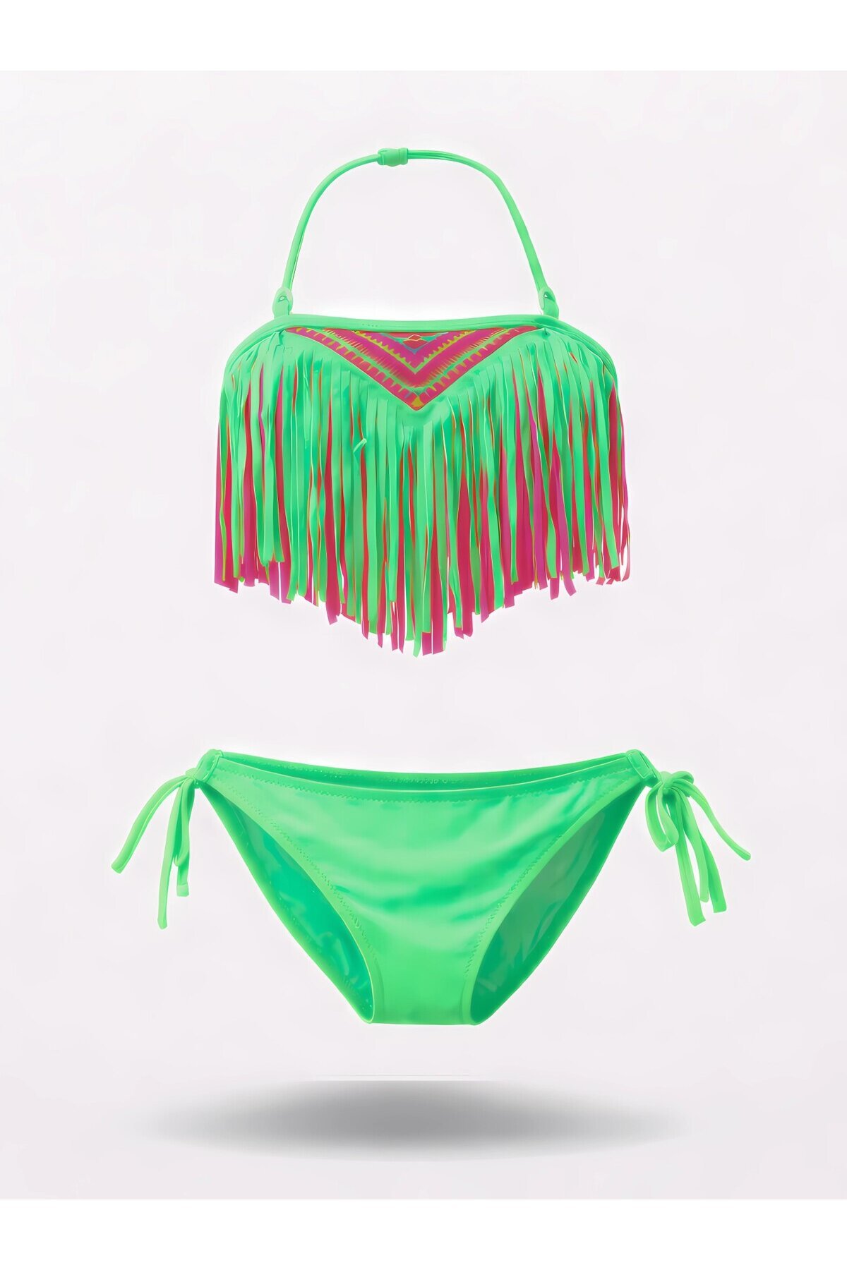 Kız Çocuk Neon Yeşil Püsküllü Astarlı Bikini Takımı 4-12 Yaş  HZL26S-LC18112