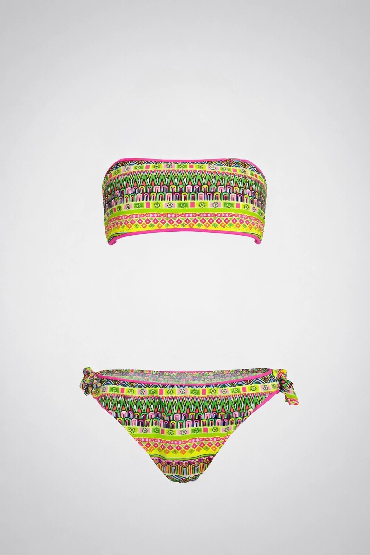 Kız Çocuk Pembe Neon Sarı Çok Renkli Astarlı 4-12 Yaş Straplez Bikini Takım HZL24S-LC6355