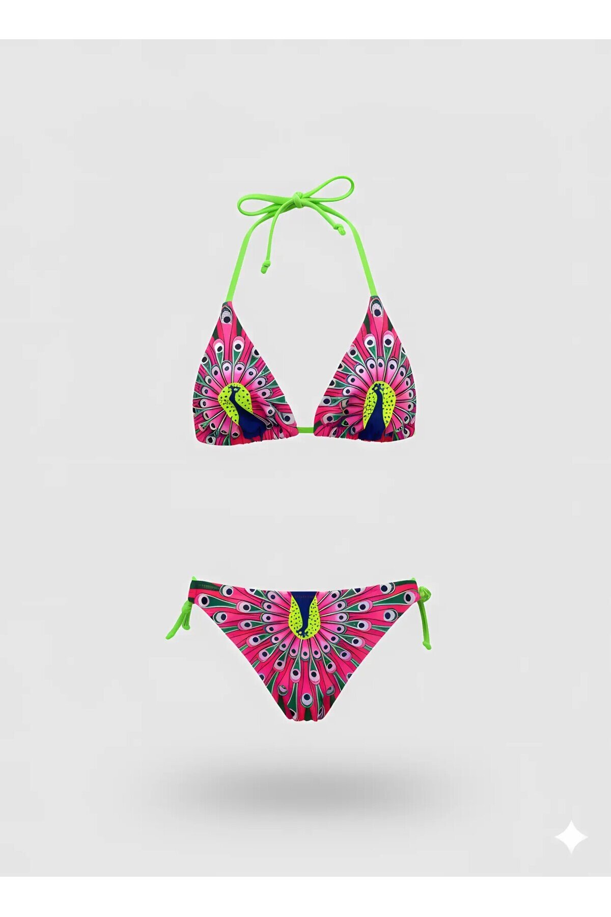 Kız Çocuk Pembe Tavuz Kuşu Desenli  6-14 Yaş Üçgen Bikini Takım HZL24S-LC19017