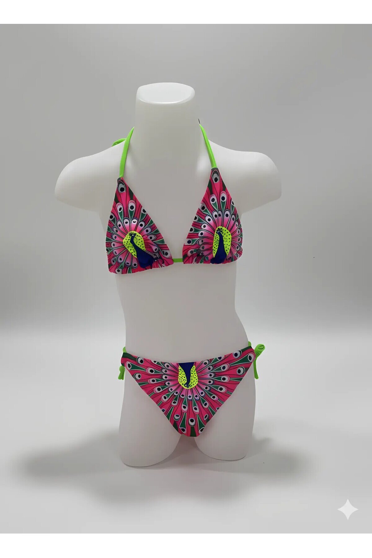 Kız Çocuk Pembe Tavuz Kuşu Desenli  6-14 Yaş Üçgen Bikini Takım HZL24S-LC19017