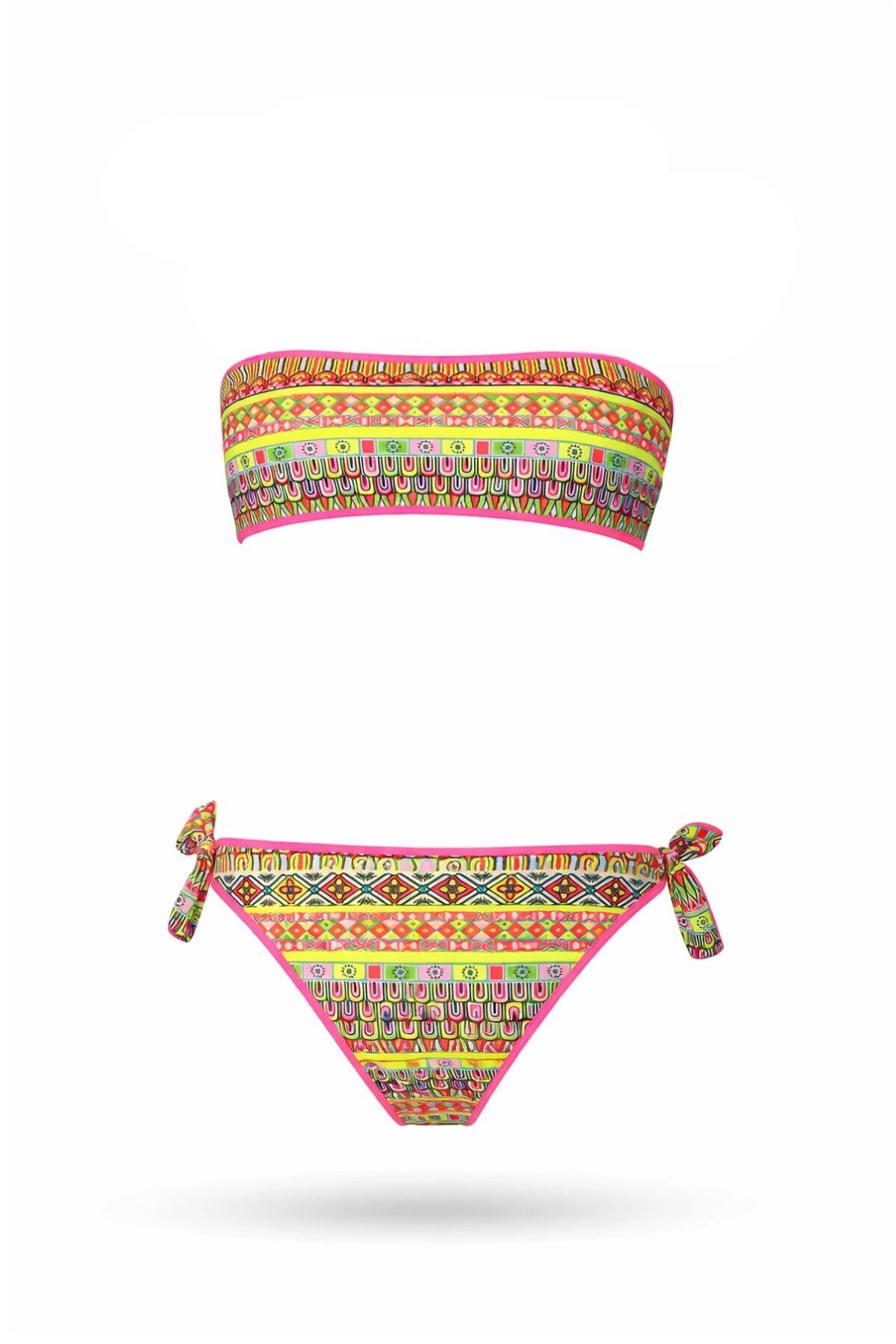Kız Çocuk Somon Neon Sarı Çok Renkli Astarlı 4-12 Yaş Straplez Bikini Takım HZL24S-LC6355