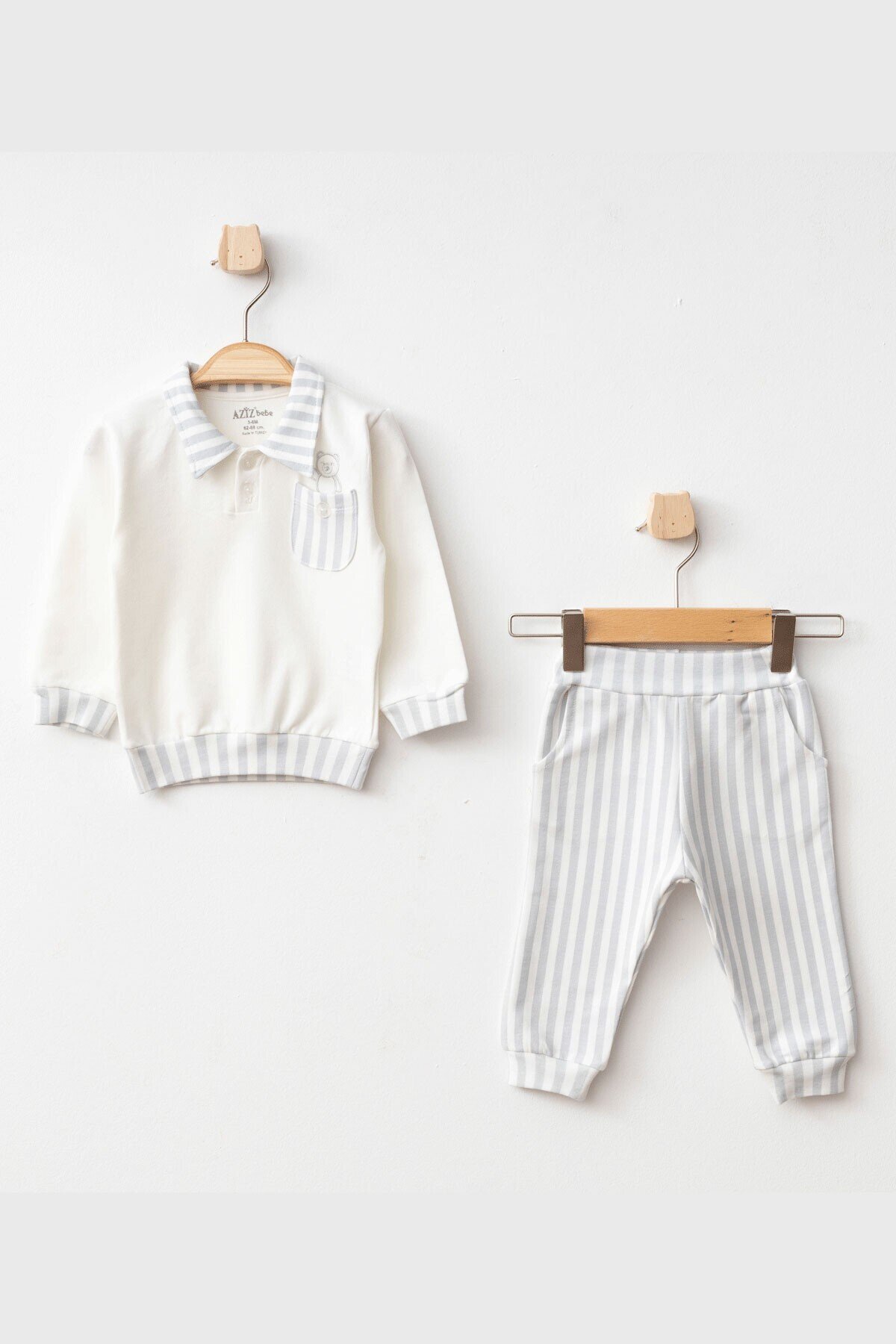Erkek Bebek Ayı Nakışlı Gömlek Yaka Sweatshirt Pantolon 2  li Alt Üst Bebek Takımı 3 Ay - 36 Ay