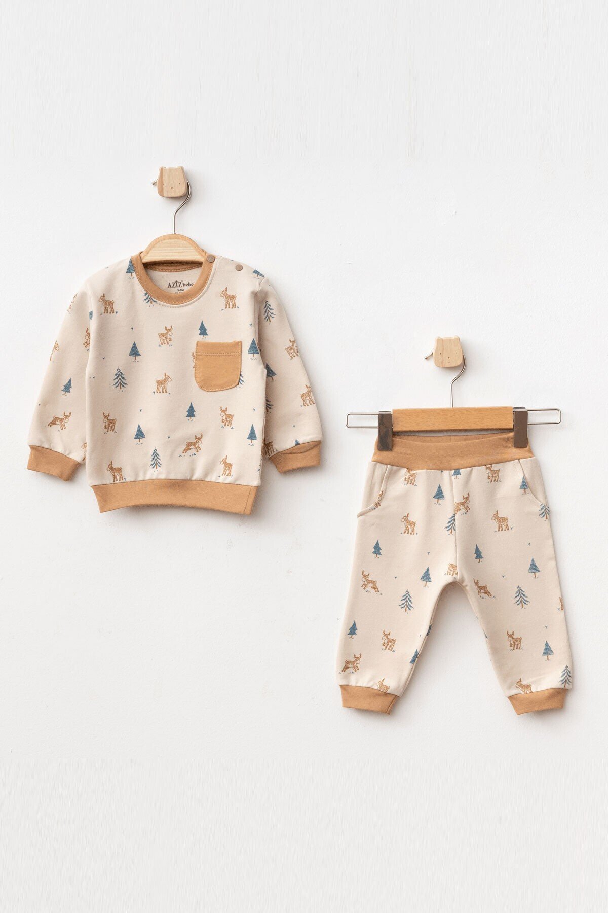 Erkek Bebek Geyik Desenli Sweatshirt Pantolon 2  li Alt Üst Bebek Takımı 3 Ay - 36 Ay