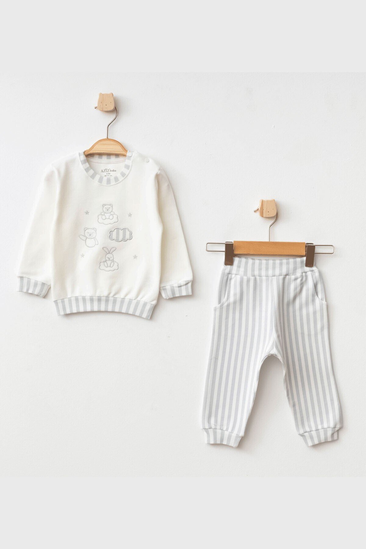 Erkek Bebek Nakışlı Sweatshirt Pantolon 2  li Alt Üst Bebek Takımı 3 Ay - 36 Ay